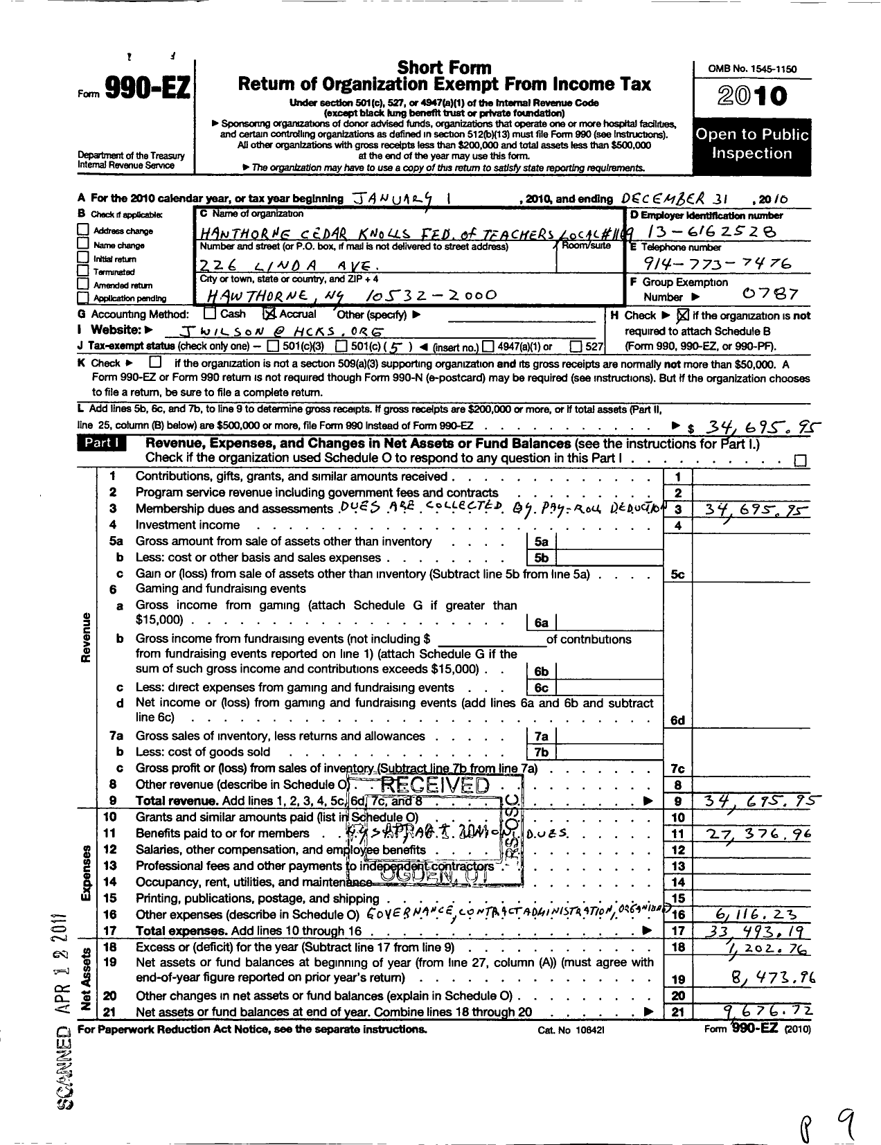 Image of first page of 2010 Form 990EO for American Federation of Teachers - 1169 Hawthorne Cedar Knolls Federat