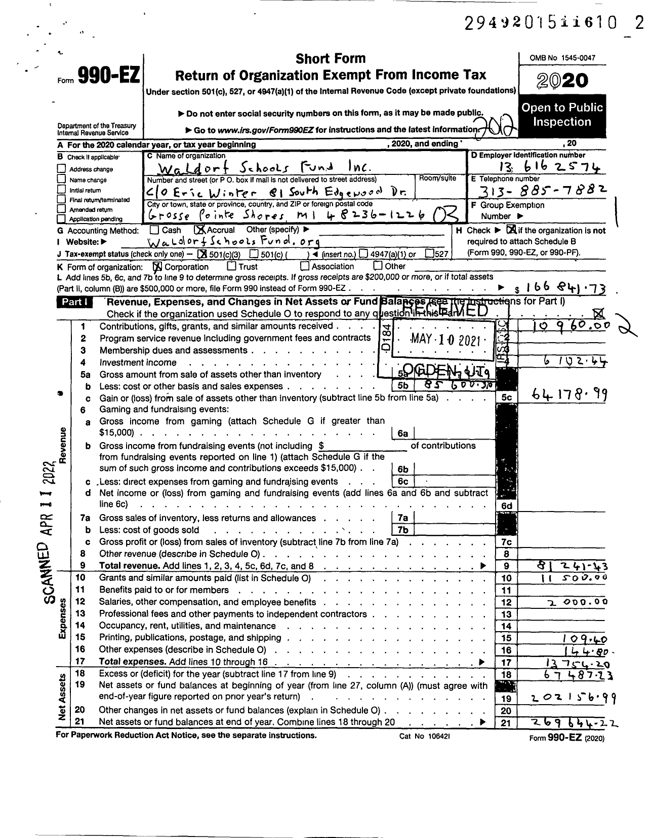 Image of first page of 2020 Form 990EZ for Waldorf Schools Fund