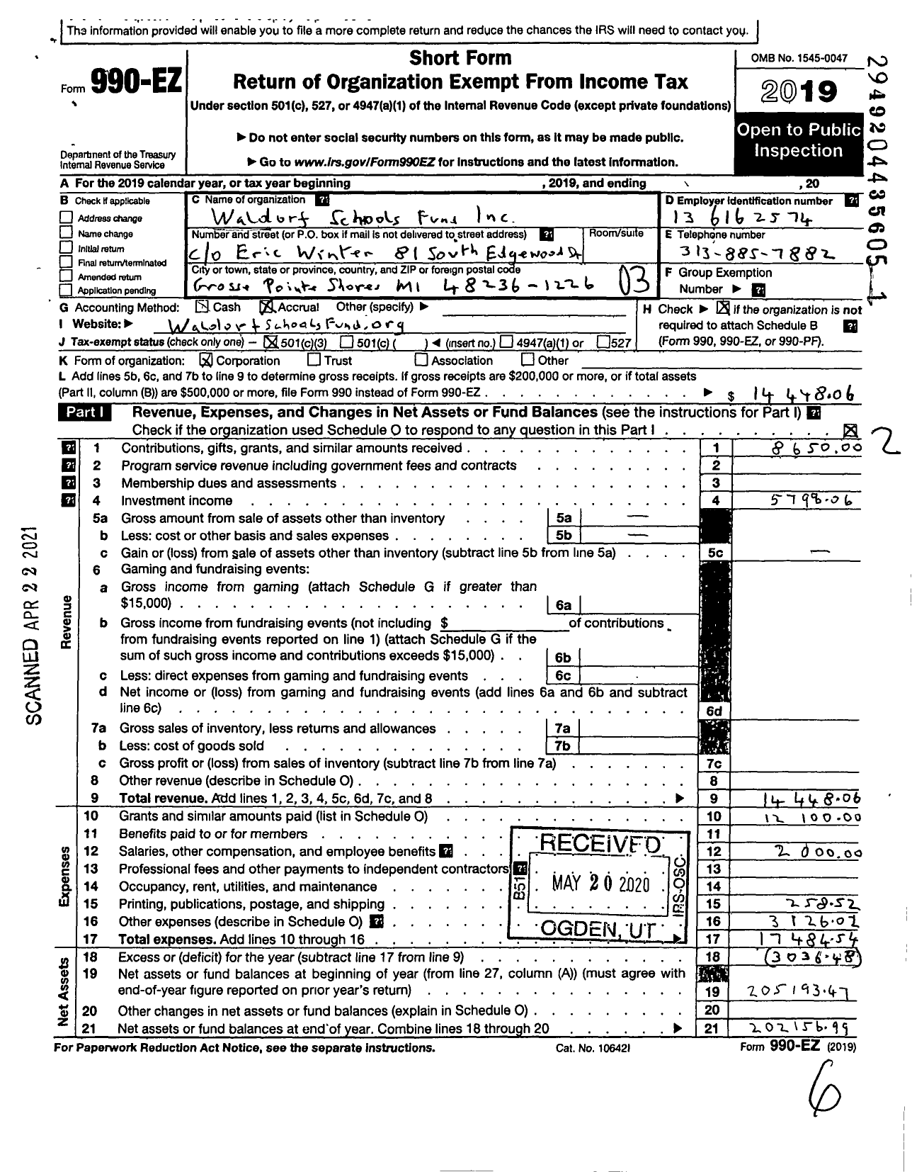 Image of first page of 2019 Form 990EZ for Waldorf Schools Fund