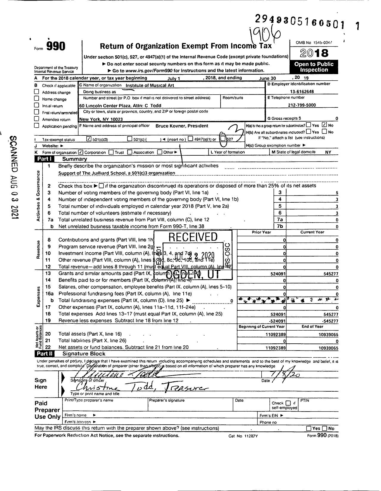 Image of first page of 2018 Form 990 for Institute of Musical Art