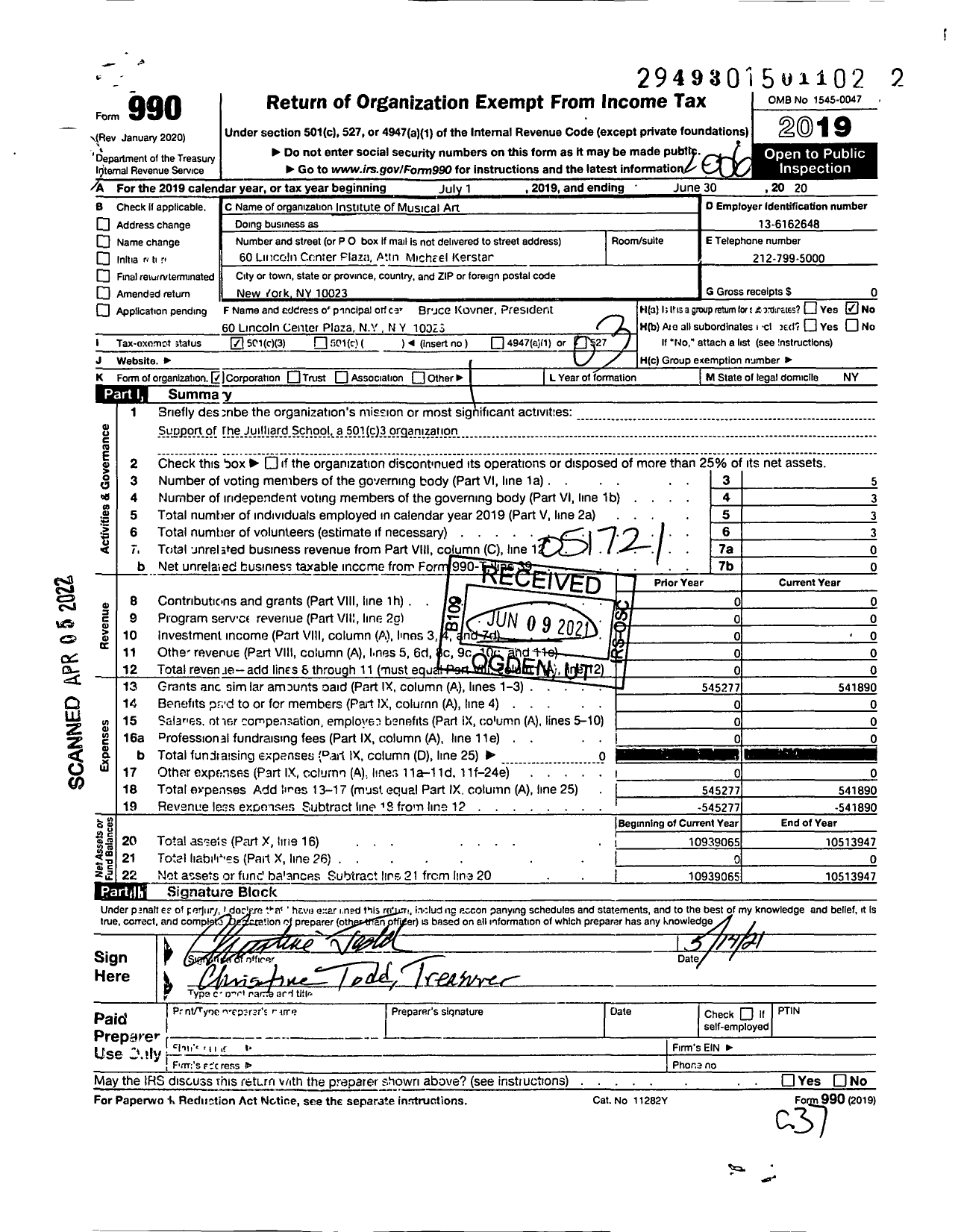 Image of first page of 2019 Form 990 for Institute of Musical Art