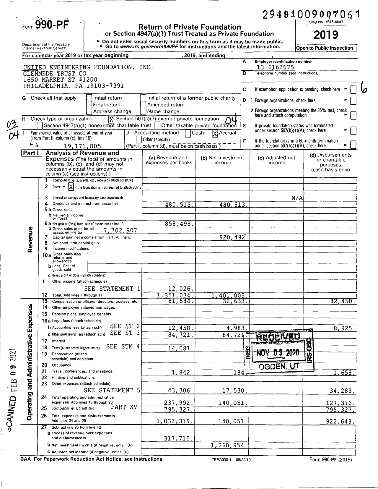 Image of first page of 2019 Form 990PF for United Engineering Foundation