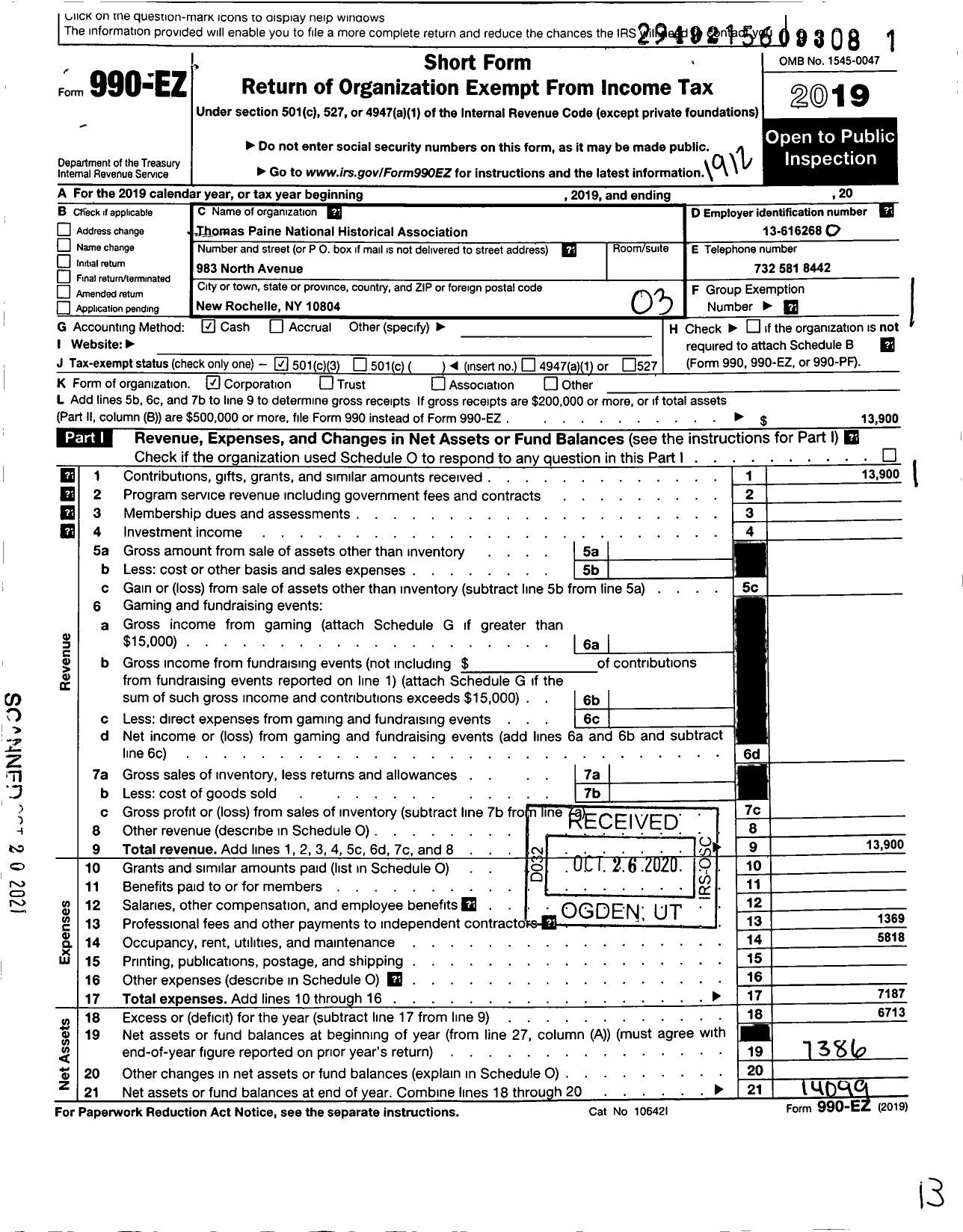 Image of first page of 2019 Form 990EZ for Thomas Paine National Historical Association