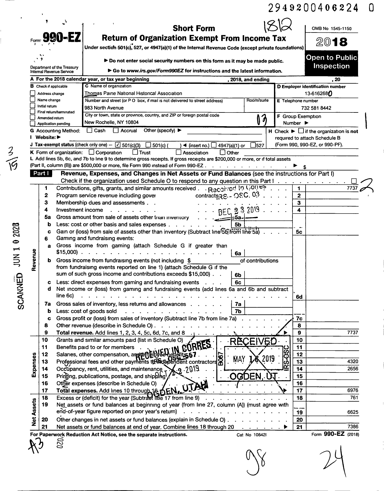 Image of first page of 2018 Form 990EZ for Thomas Paine National Historical Association