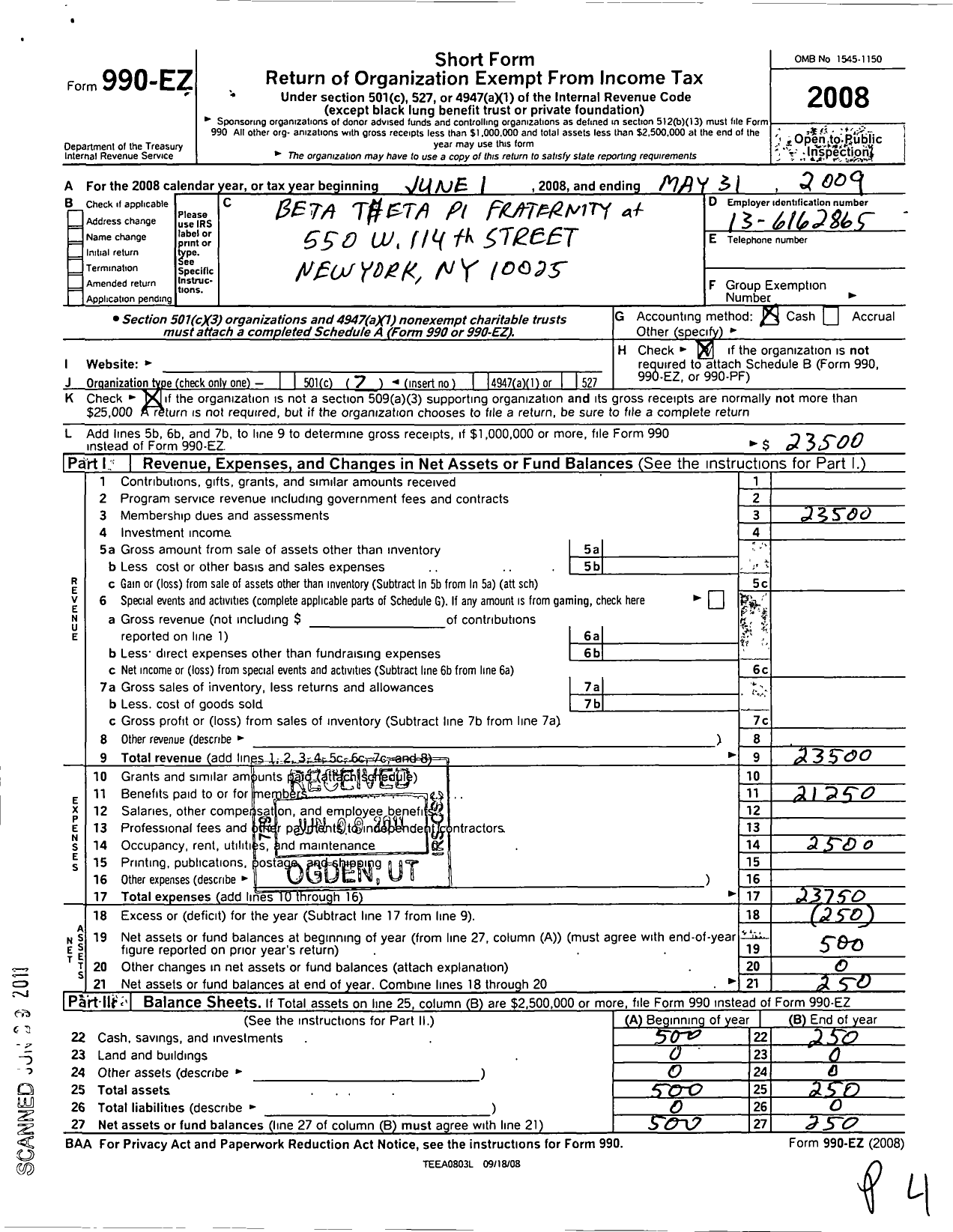 Image of first page of 2008 Form 990EO for Beta Theta Pi Fraternity at