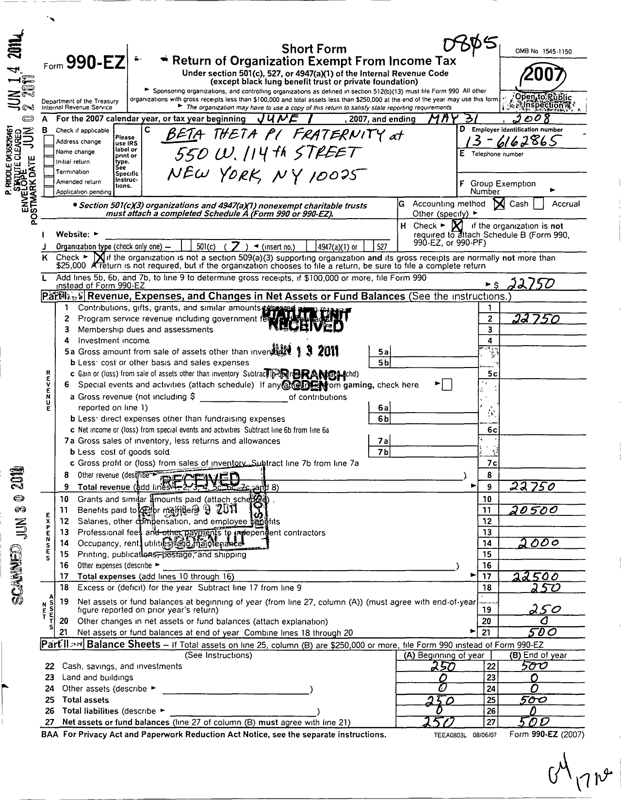 Image of first page of 2007 Form 990EO for Beta Theta Pi Fraternity at