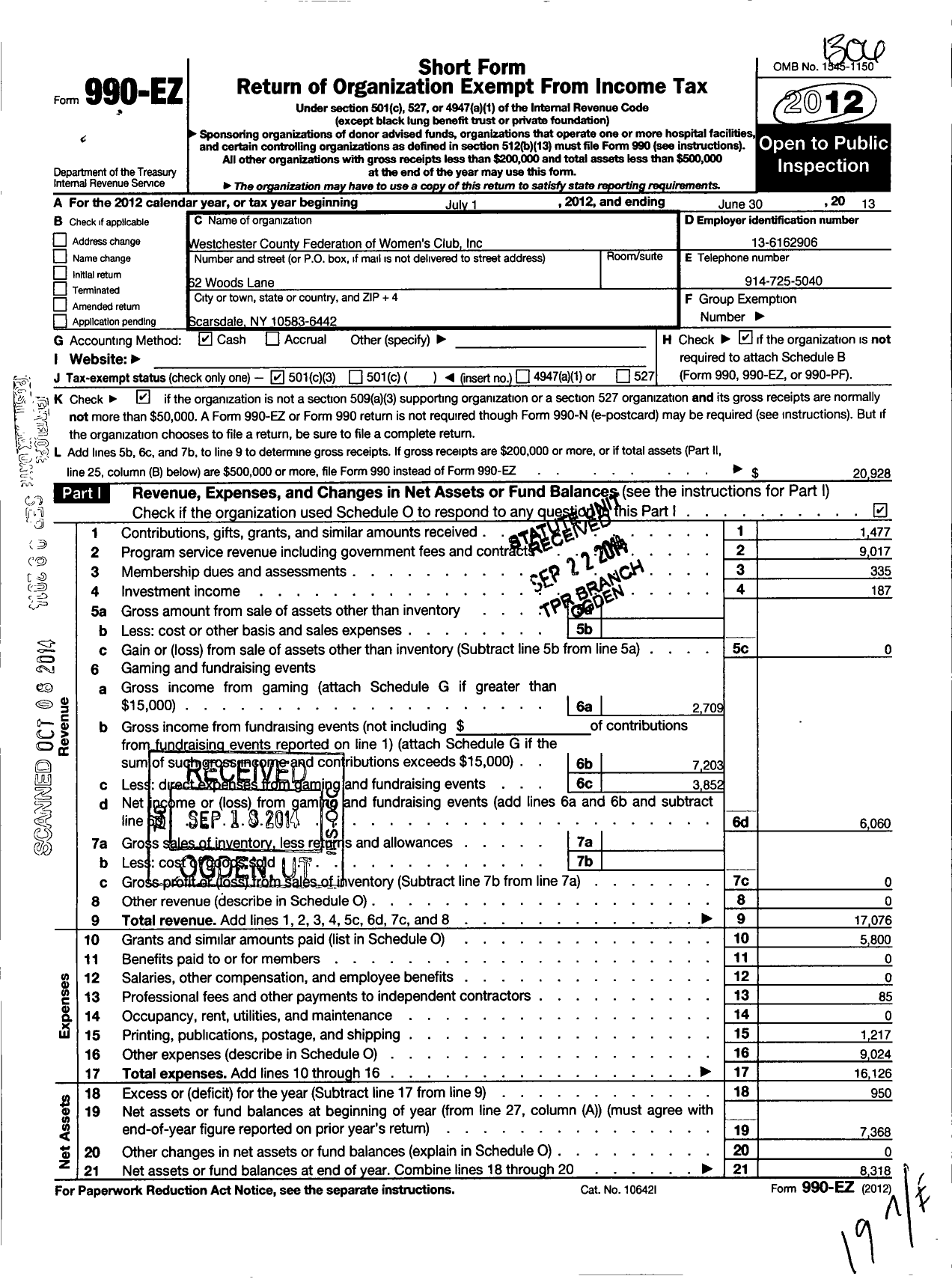 Image of first page of 2012 Form 990EZ for Westchester County Federation of Womens Clubs Ed and Charity Fund