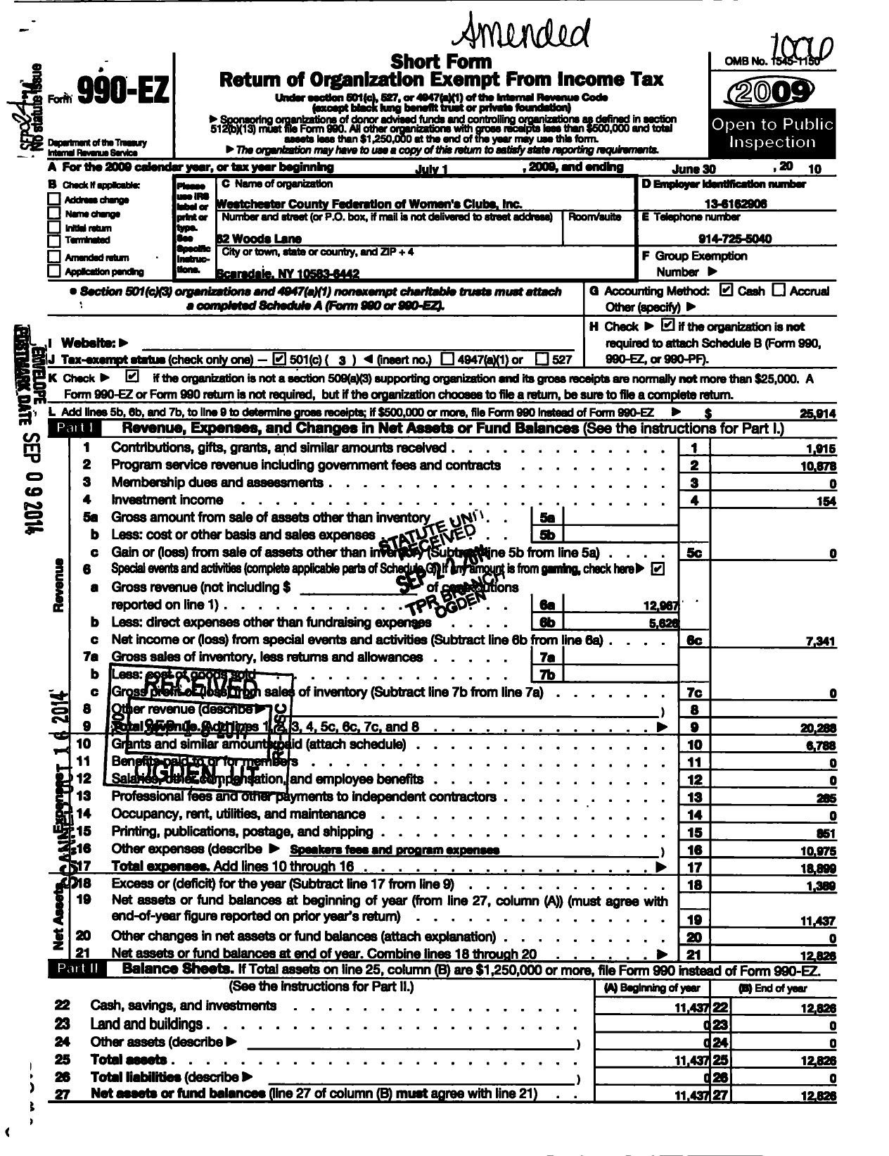 Image of first page of 2009 Form 990EZ for Westchester County Federation of Womens Clubs Ed and Charity Fund