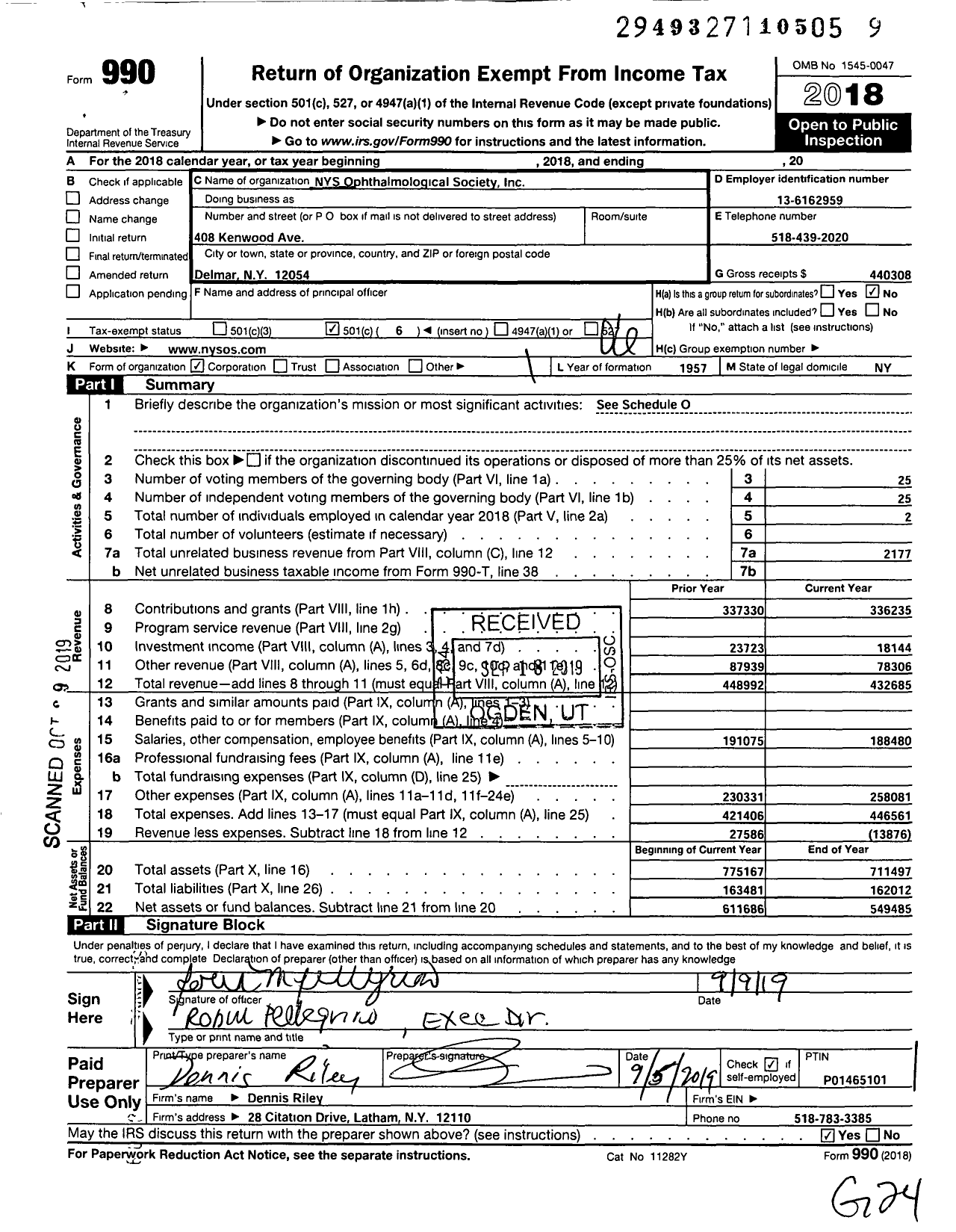 Image of first page of 2018 Form 990O for New York State Ophthalmological Society