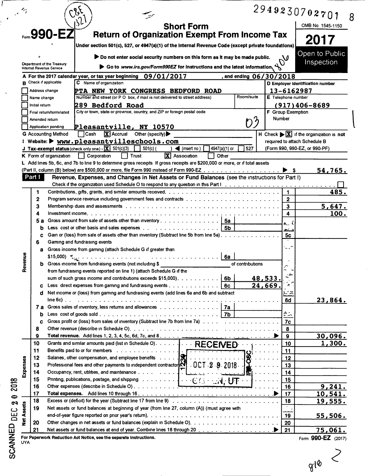 Image of first page of 2017 Form 990EZ for New York State PTA - 18-145 Bedford Road School PTA