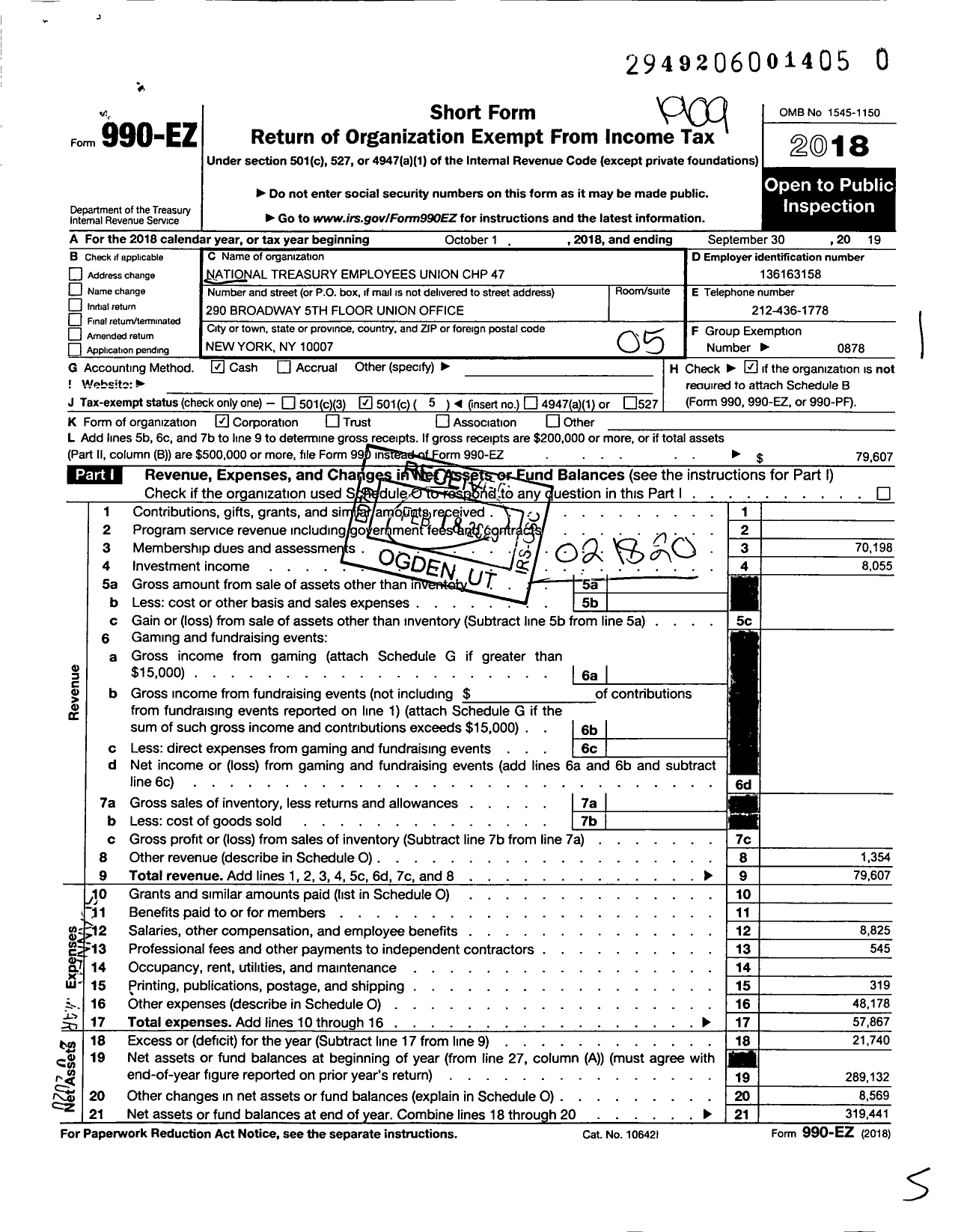 Image of first page of 2018 Form 990EO for National Treasury Employees Union - 47 Chapter