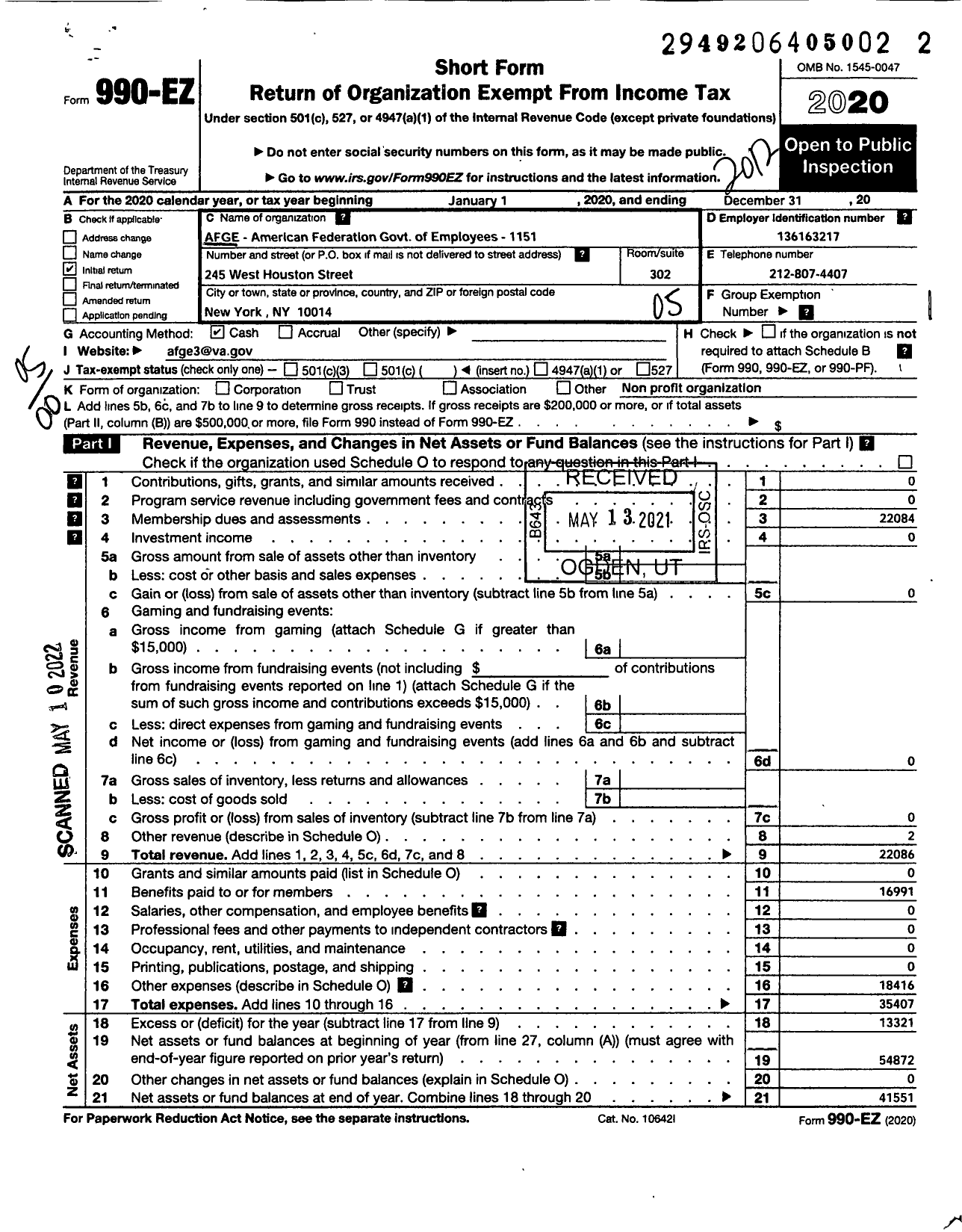 Image of first page of 2020 Form 990EO for American Federation of Government Employees - 1151 Afge-Va Local