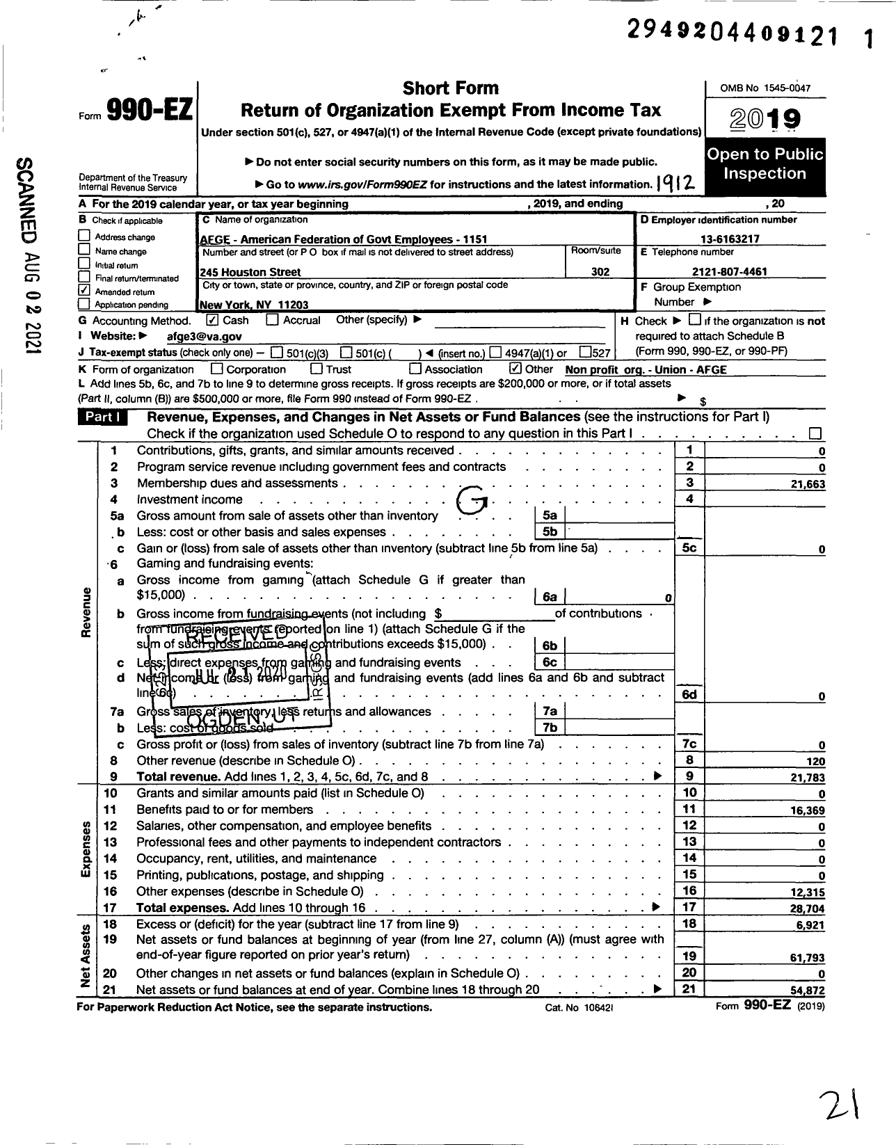 Image of first page of 2019 Form 990EO for American Federation of Government Employees - 1151 Afge-Va Local