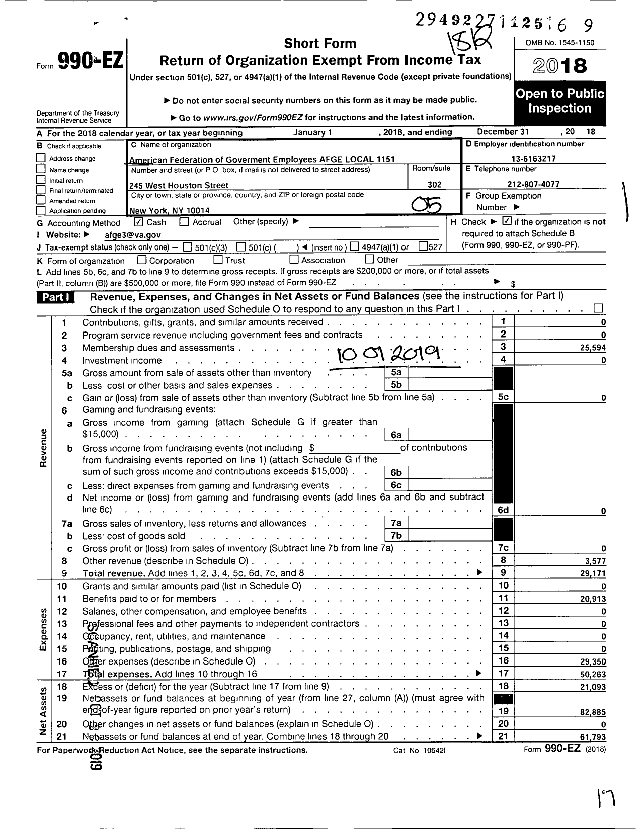 Image of first page of 2018 Form 990EO for American Federation of Government Employees - 1151 Afge-Va Local