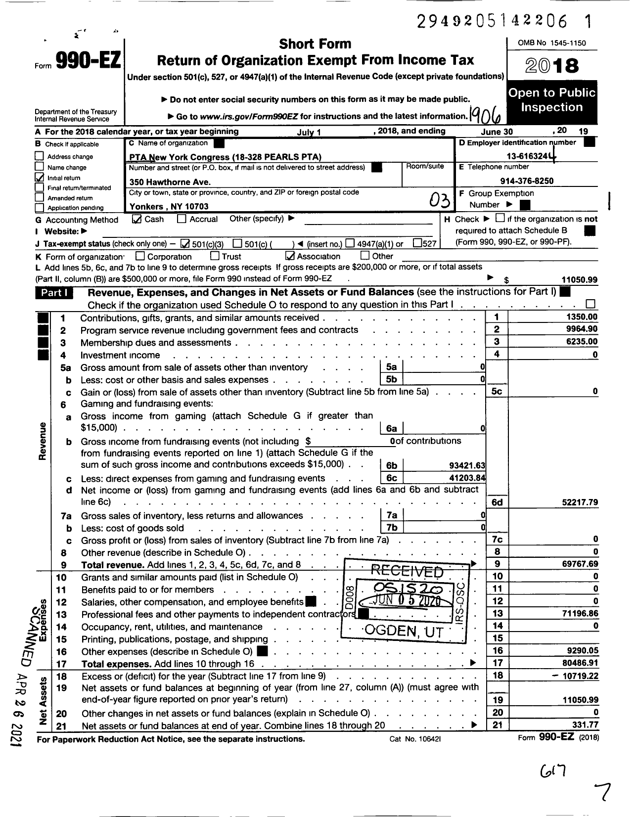 Image of first page of 2018 Form 990EZ for New York State PTA - 18-328 Pearls PTA