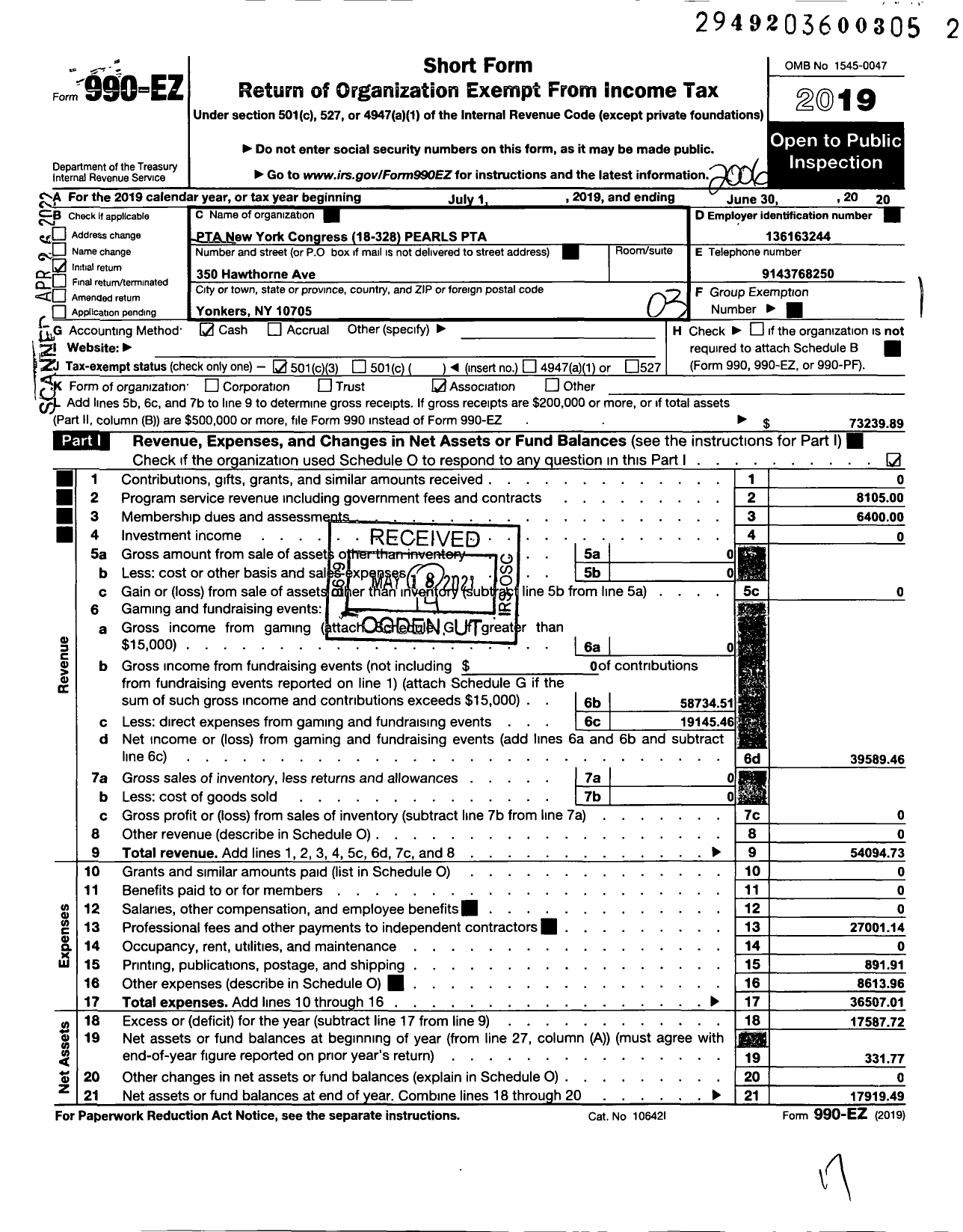 Image of first page of 2019 Form 990EZ for New York State PTA - 18-328 Pearls PTA