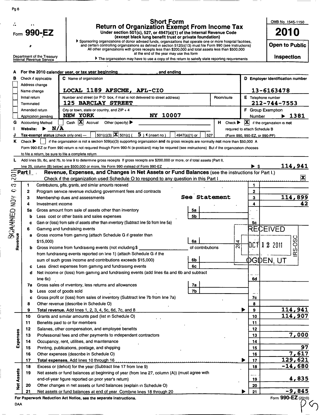 Image of first page of 2010 Form 990EO for American Federation of State County & Municipal Employees - L1189ny New York City Psychologists