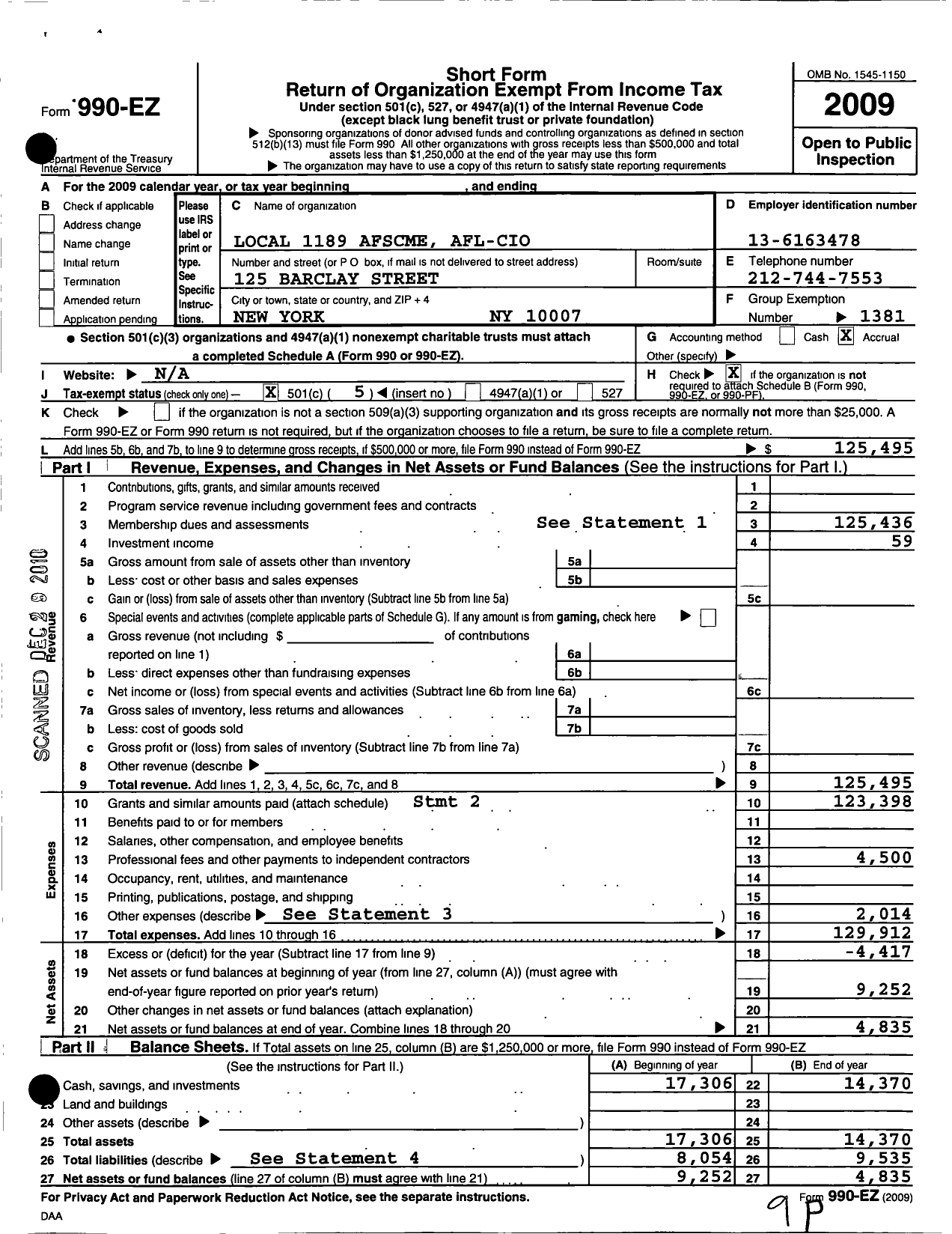 Image of first page of 2009 Form 990EO for American Federation of State County & Municipal Employees - L1189ny New York City Psychologists