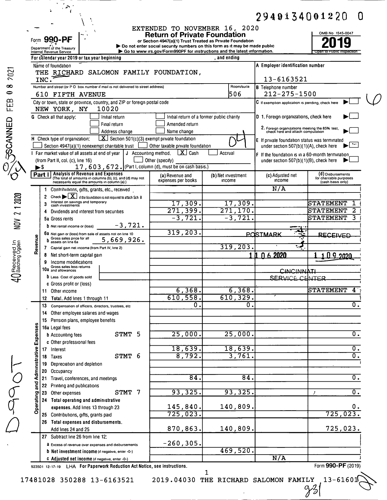 Image of first page of 2019 Form 990PF for Richard Salomon Family Foundation