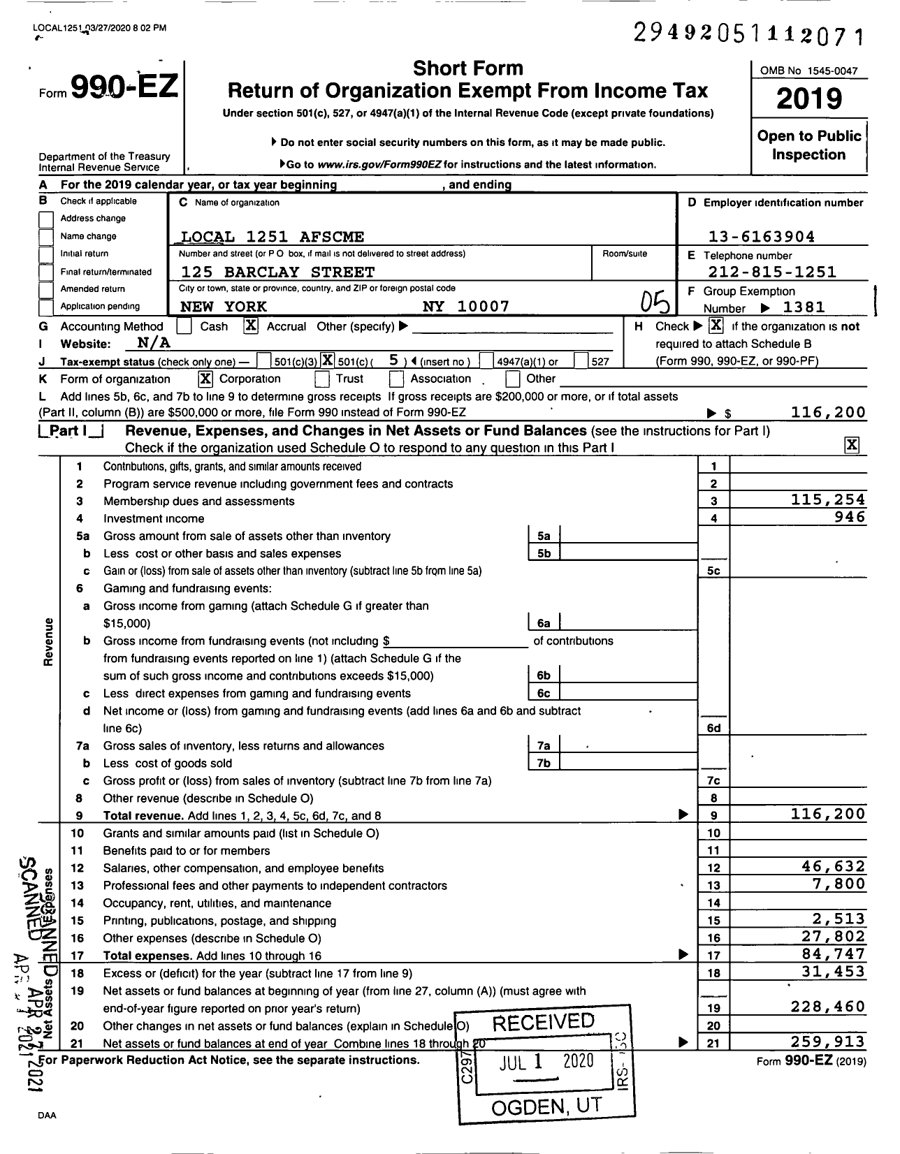 Image of first page of 2019 Form 990EO for American Federation of State County & Municipal Employees - L1251 Nyc BD Educ Cler Admin Empl