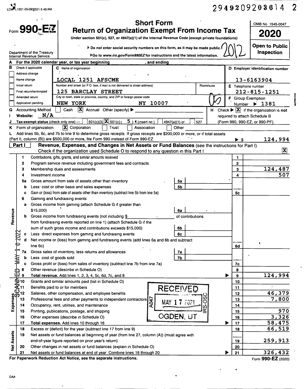 Image of first page of 2020 Form 990EO for American Federation of State County & Municipal Employees - L1251 Nyc BD Educ Cler Admin Empl