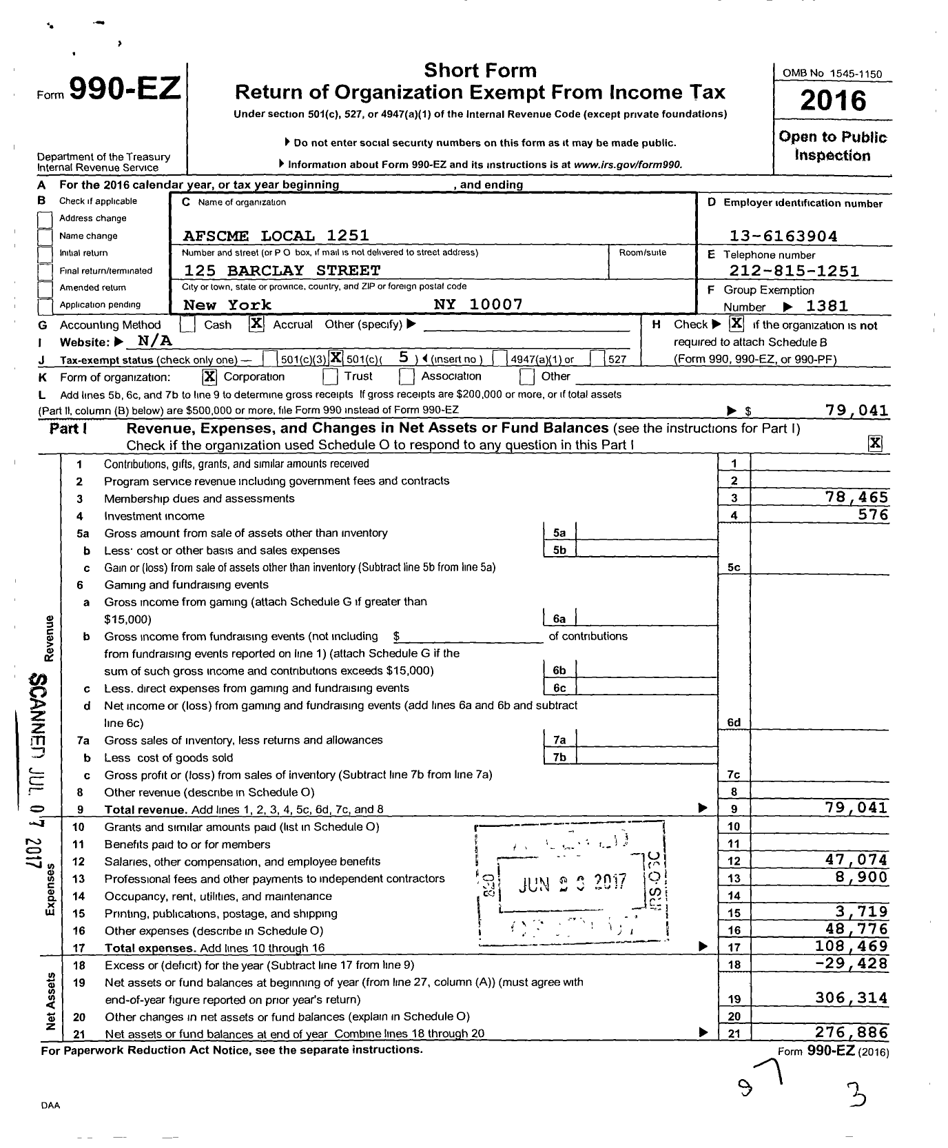 Image of first page of 2016 Form 990EO for American Federation of State County & Municipal Employees - L1251 Nyc BD Educ Cler Admin Empl