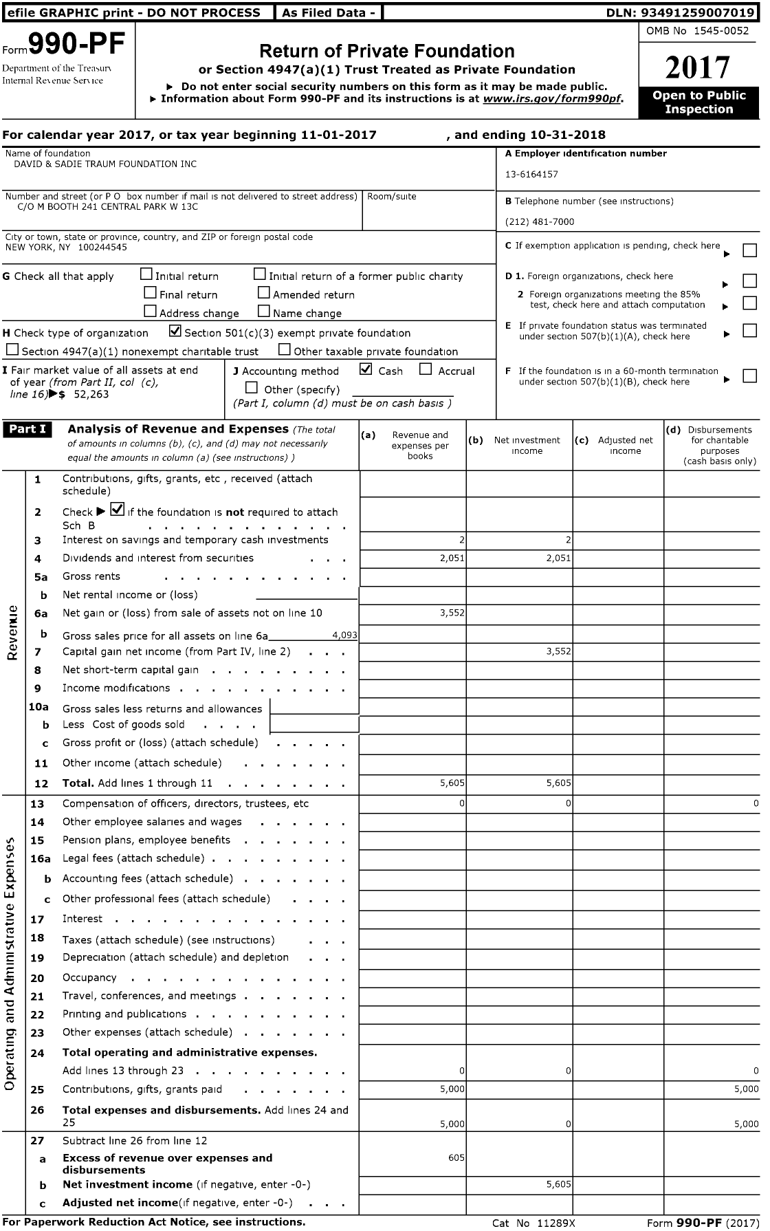 Image of first page of 2017 Form 990PF for David and Sadie Traum Foundation