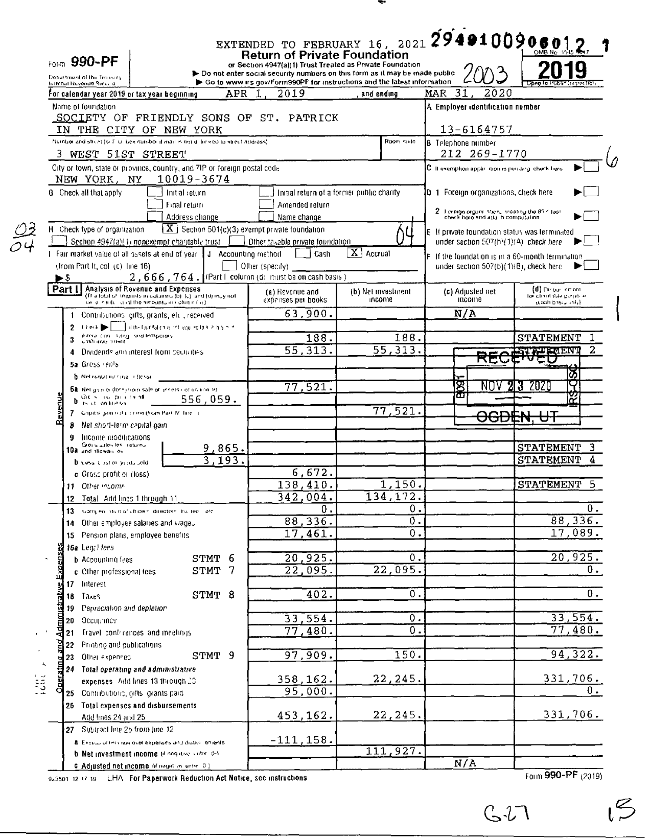 Image of first page of 2019 Form 990PF for Society of the Friendly Sons of Saint Patrick in the City of New York