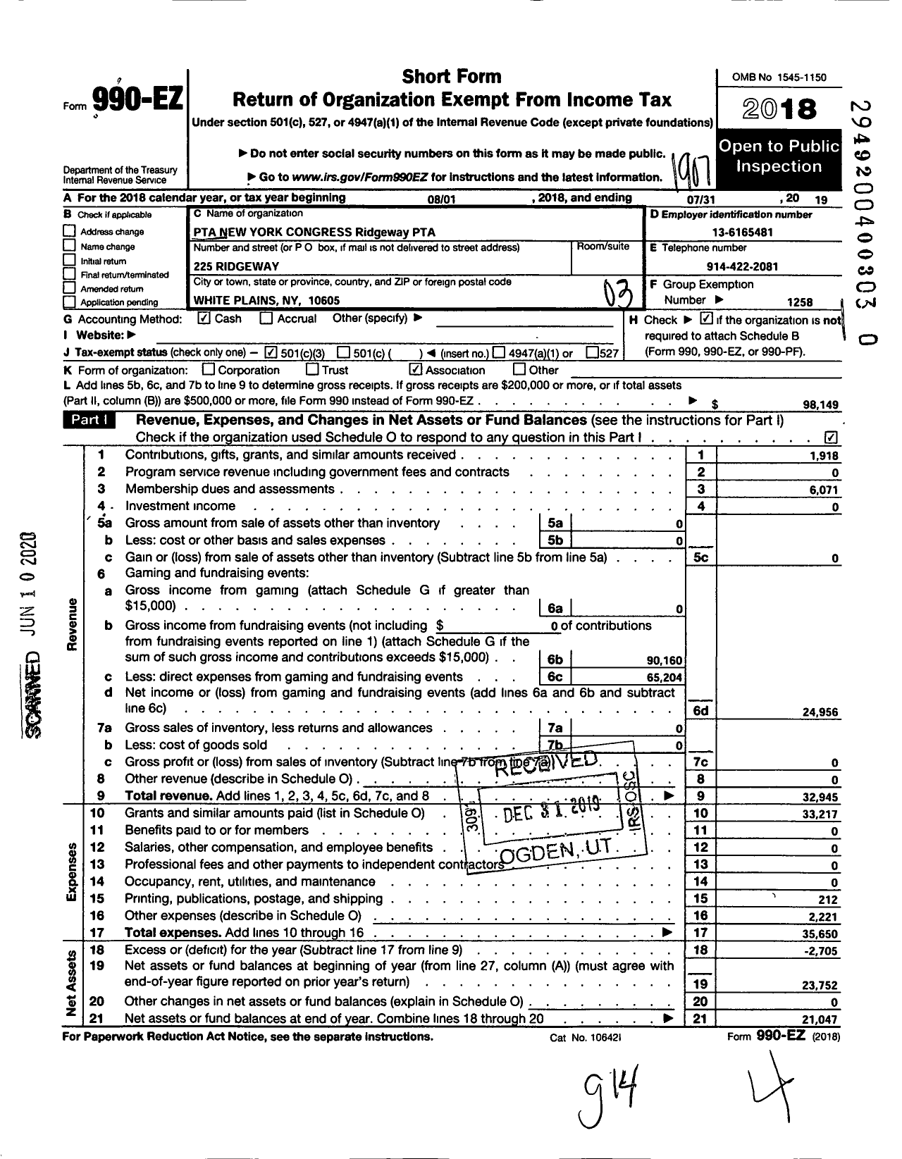 Image of first page of 2018 Form 990EZ for NEW YORK State PTA - 18-060 Ridgeway School PTA