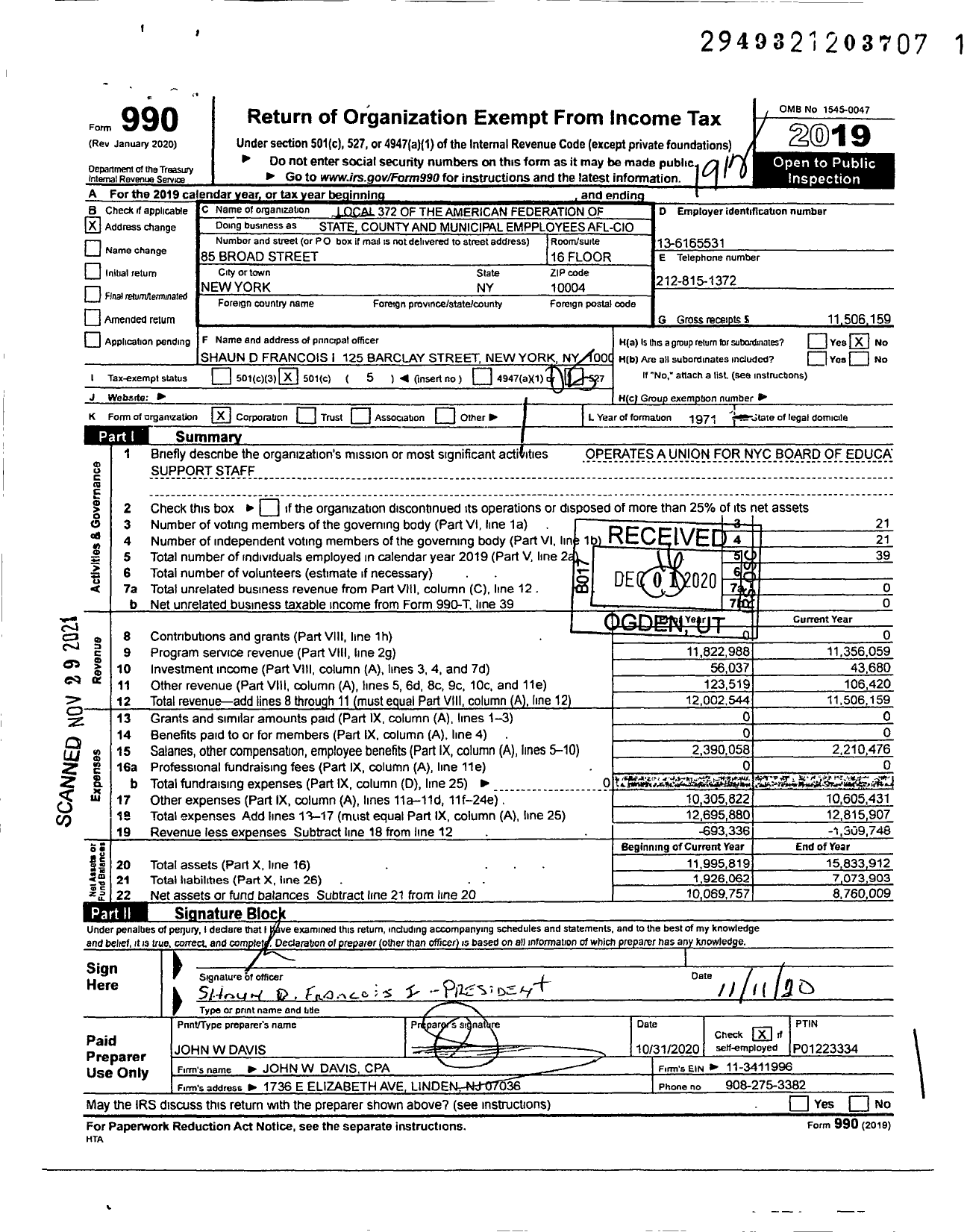 Image of first page of 2019 Form 990O for New York City Board of Education Employees Local 372