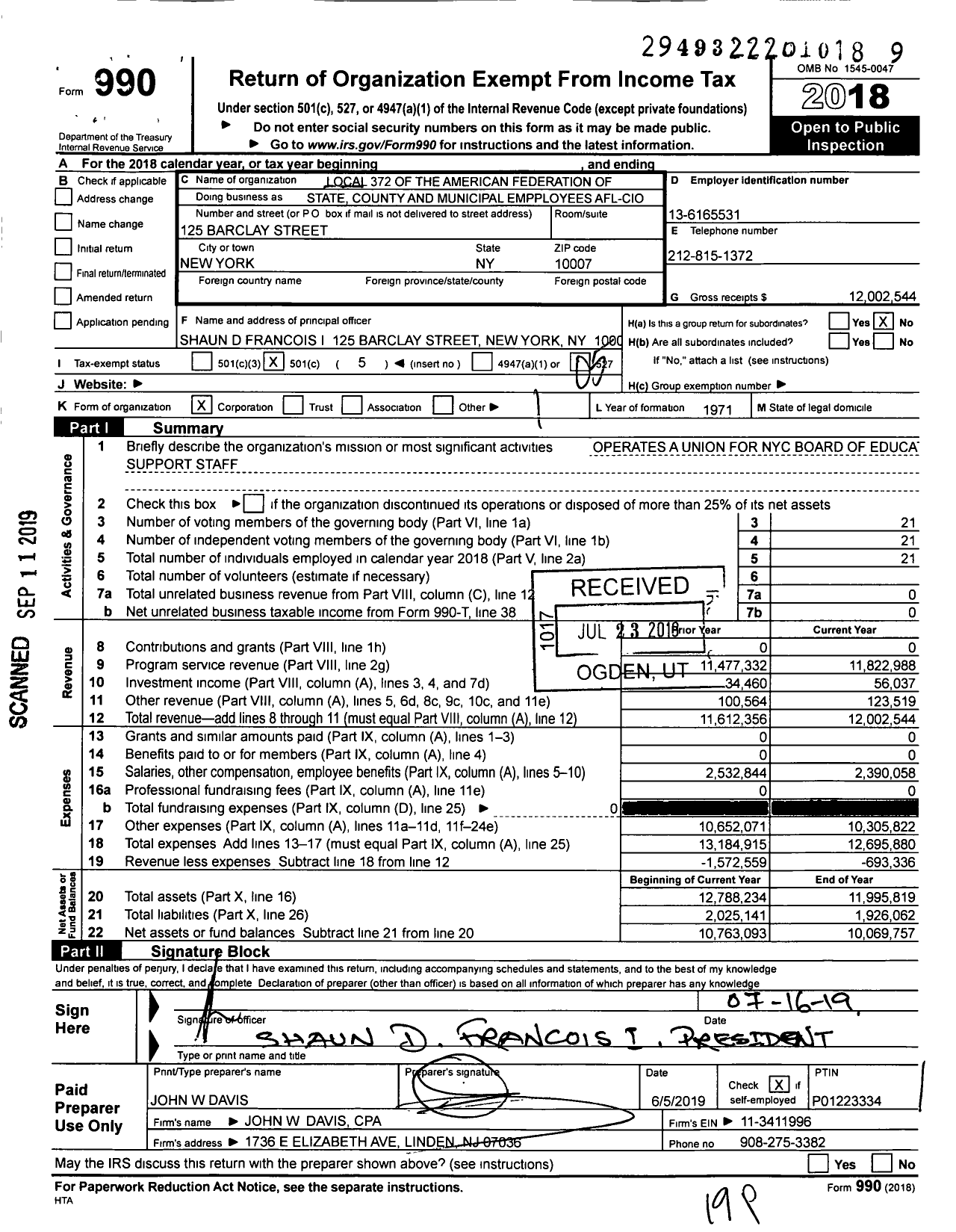 Image of first page of 2018 Form 990O for New York City Board of Education Employees Local 372