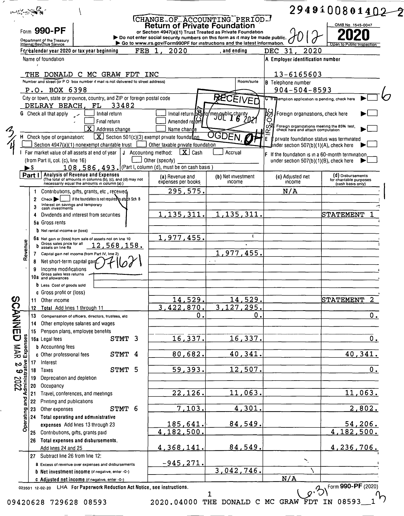 Image of first page of 2020 Form 990PF for Donald C Mcgraw Foundation