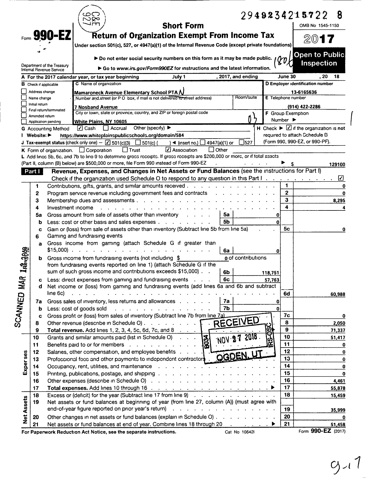 Image of first page of 2017 Form 990EZ for New York State PTA - 18-057 Mamaroneck Ave Elementary S