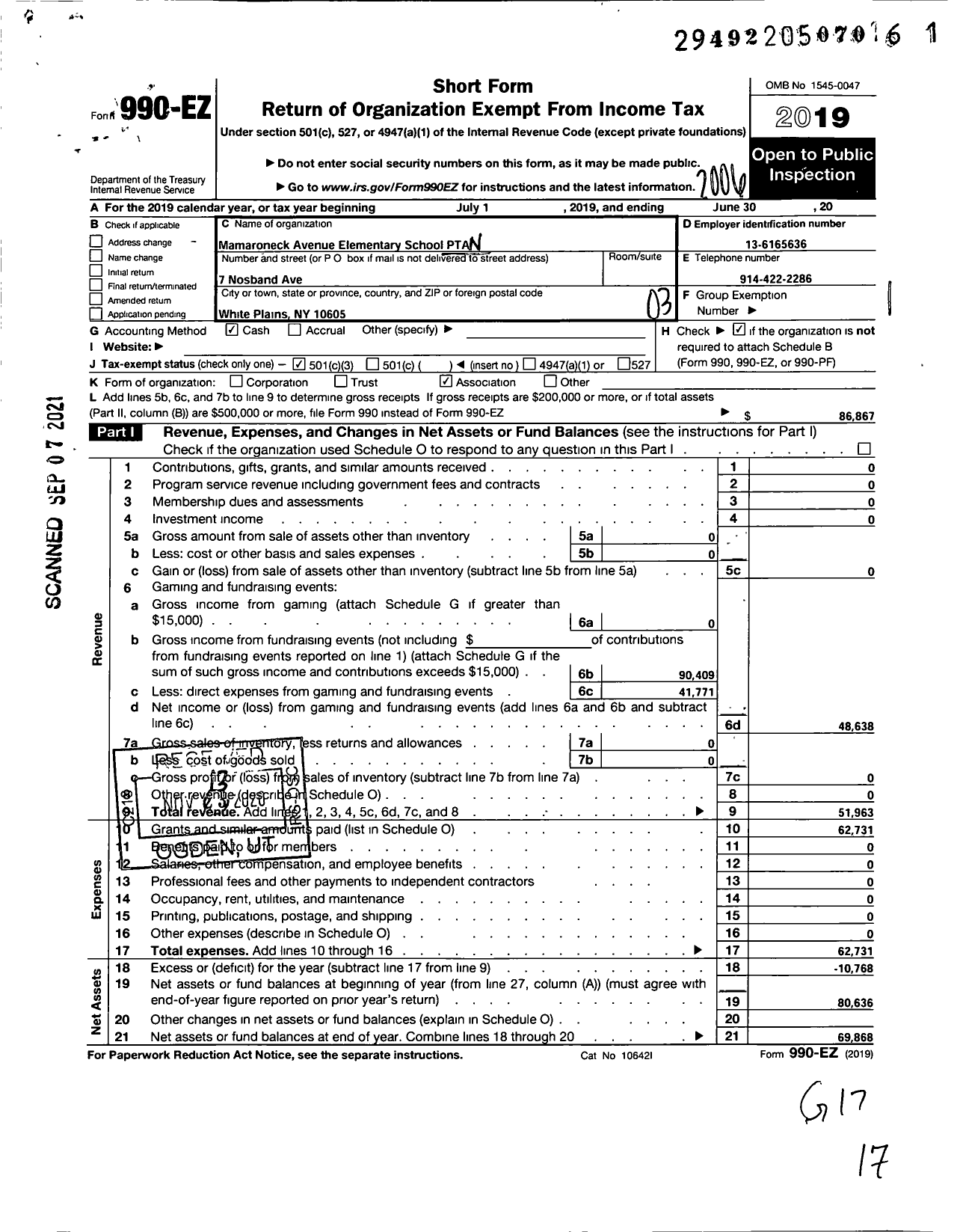 Image of first page of 2019 Form 990EZ for New York State PTA - 18-057 Mamaroneck Ave Elementary S