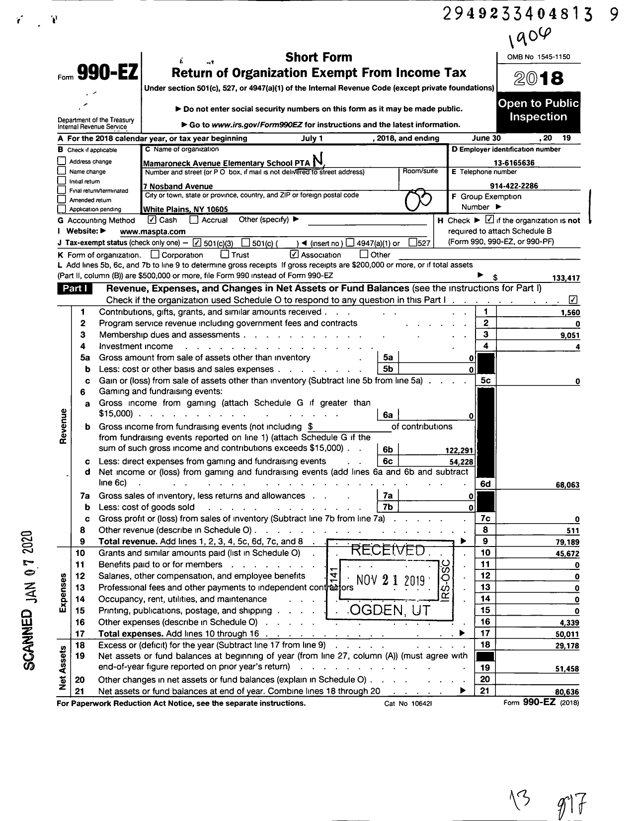 Image of first page of 2018 Form 990EZ for New York State PTA - 18-057 Mamaroneck Ave Elementary S