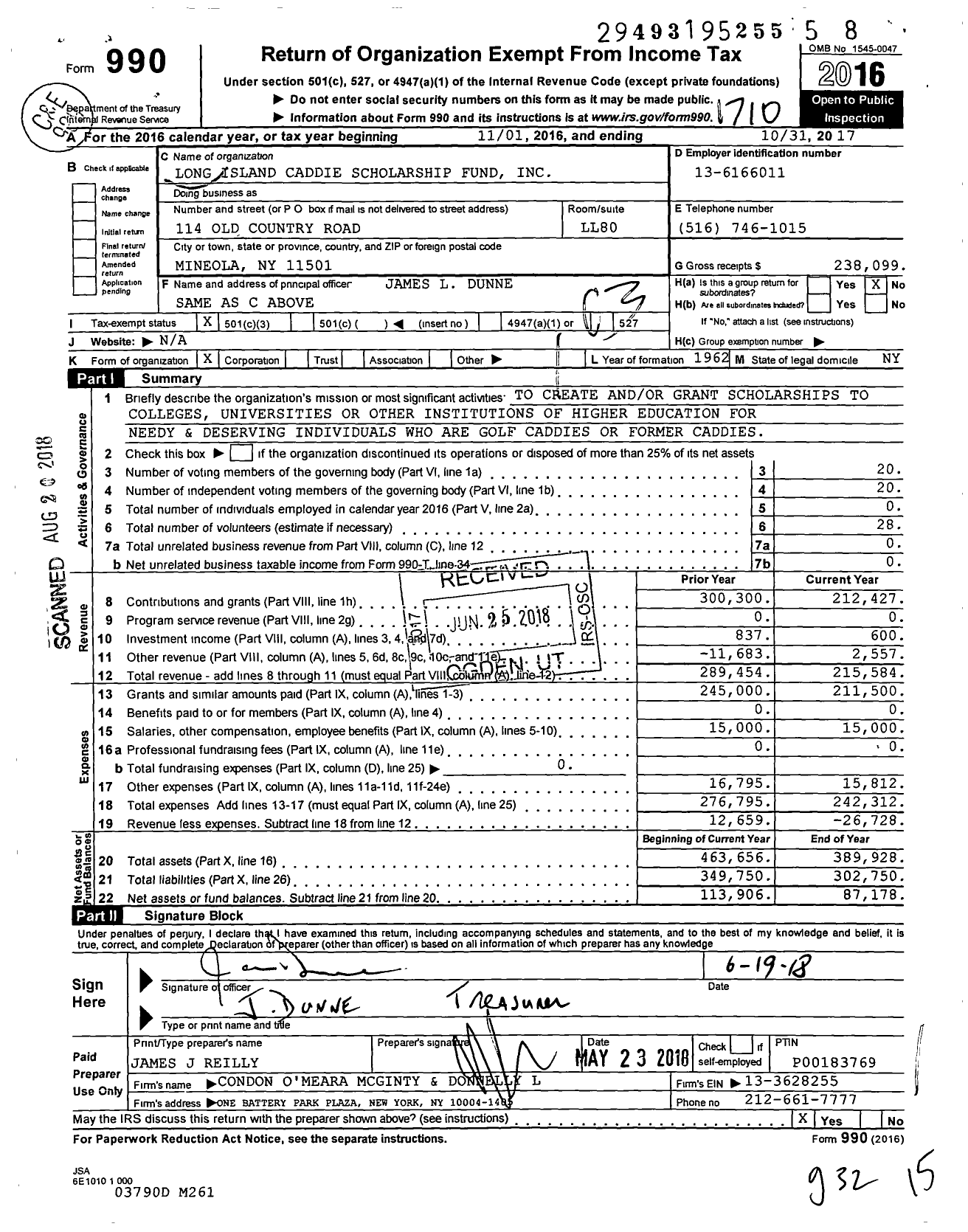 Image of first page of 2016 Form 990 for Long Island Caddie Scholarship Fund