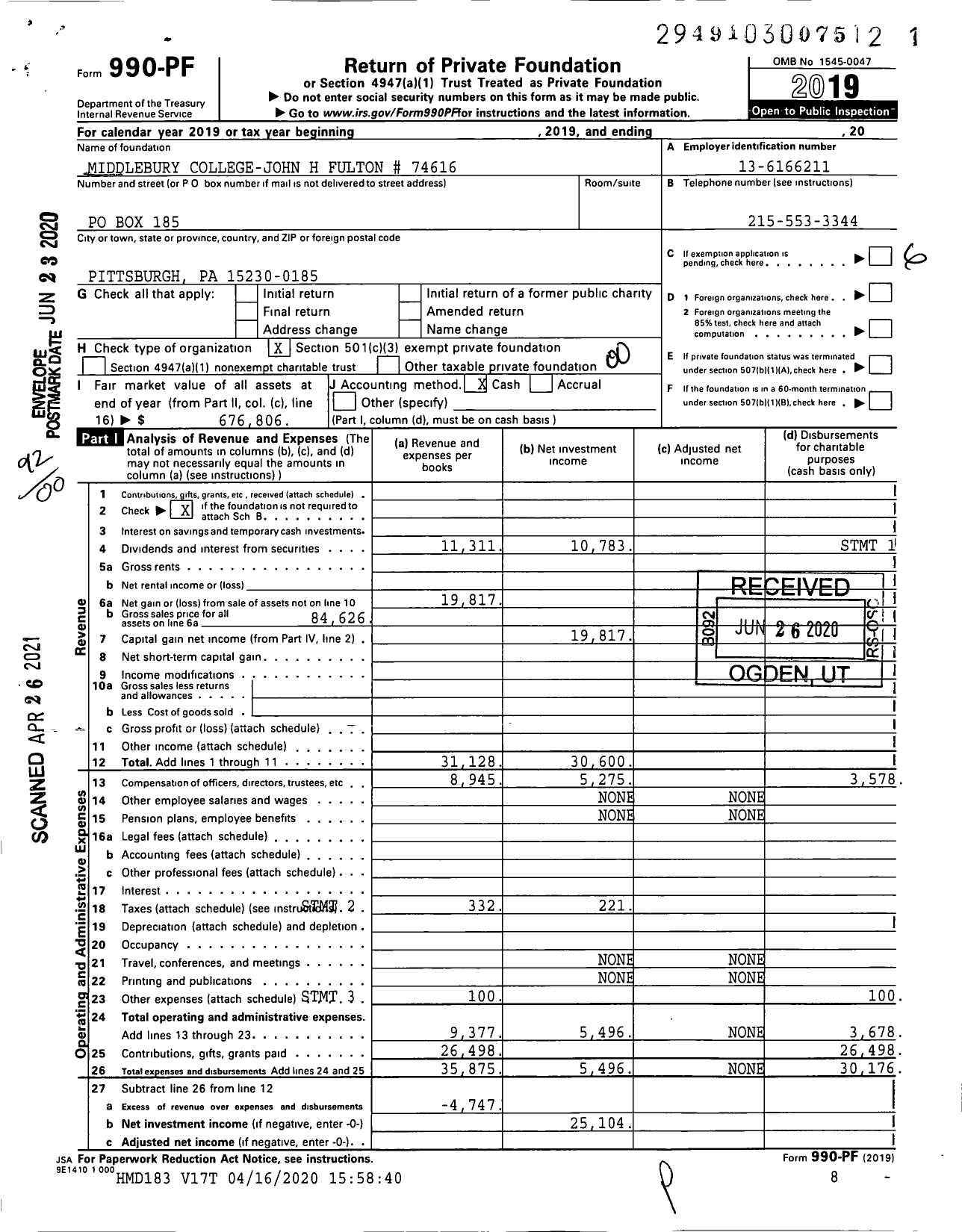 Image of first page of 2019 Form 990PF for Middlebury College-John H Fulton # 74616