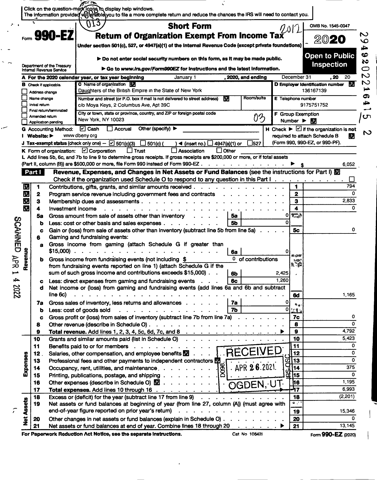 Image of first page of 2020 Form 990EZ for Daughters of the British Empire in the State of New York