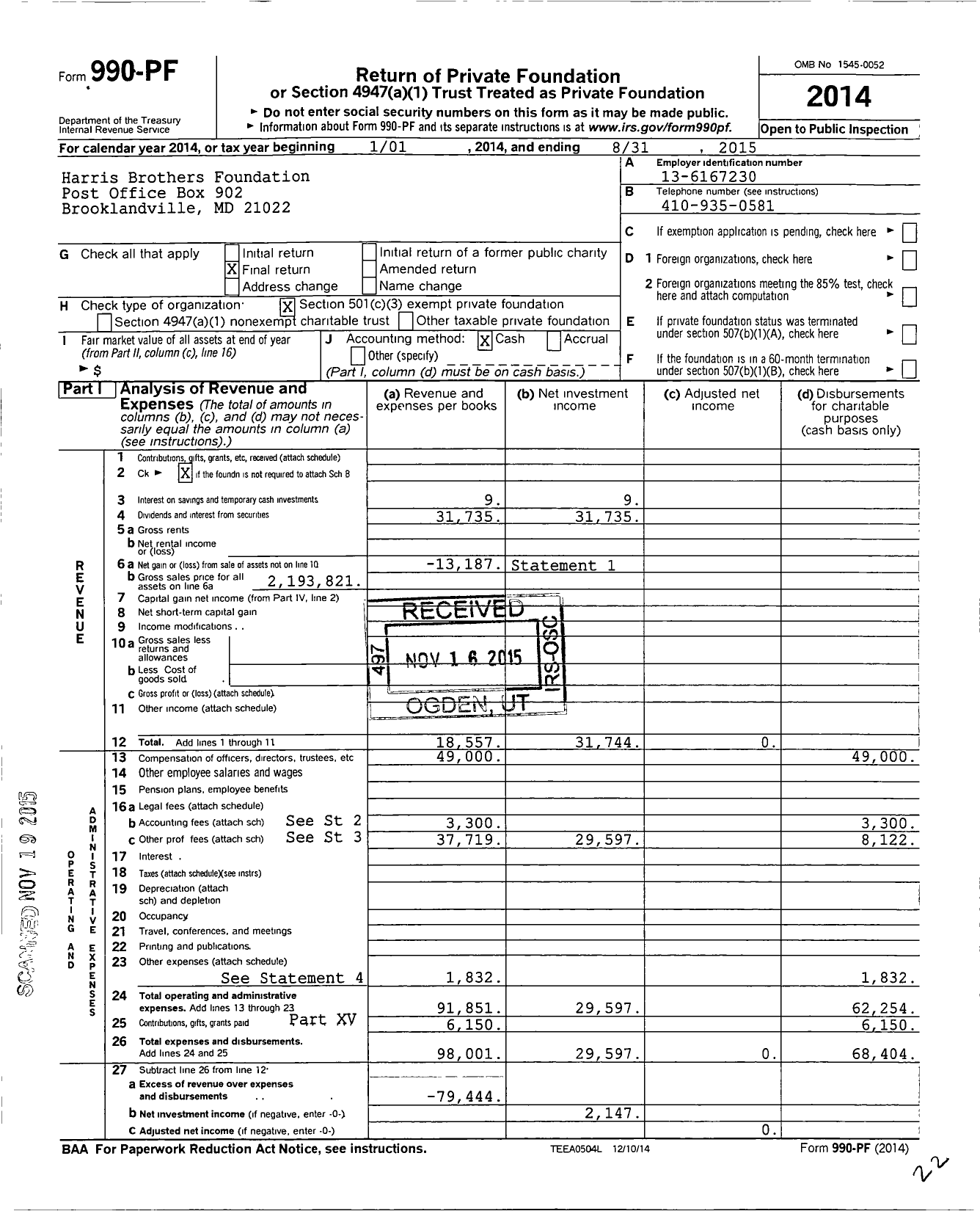 Image of first page of 2014 Form 990PF for Harris Brothers Foundation