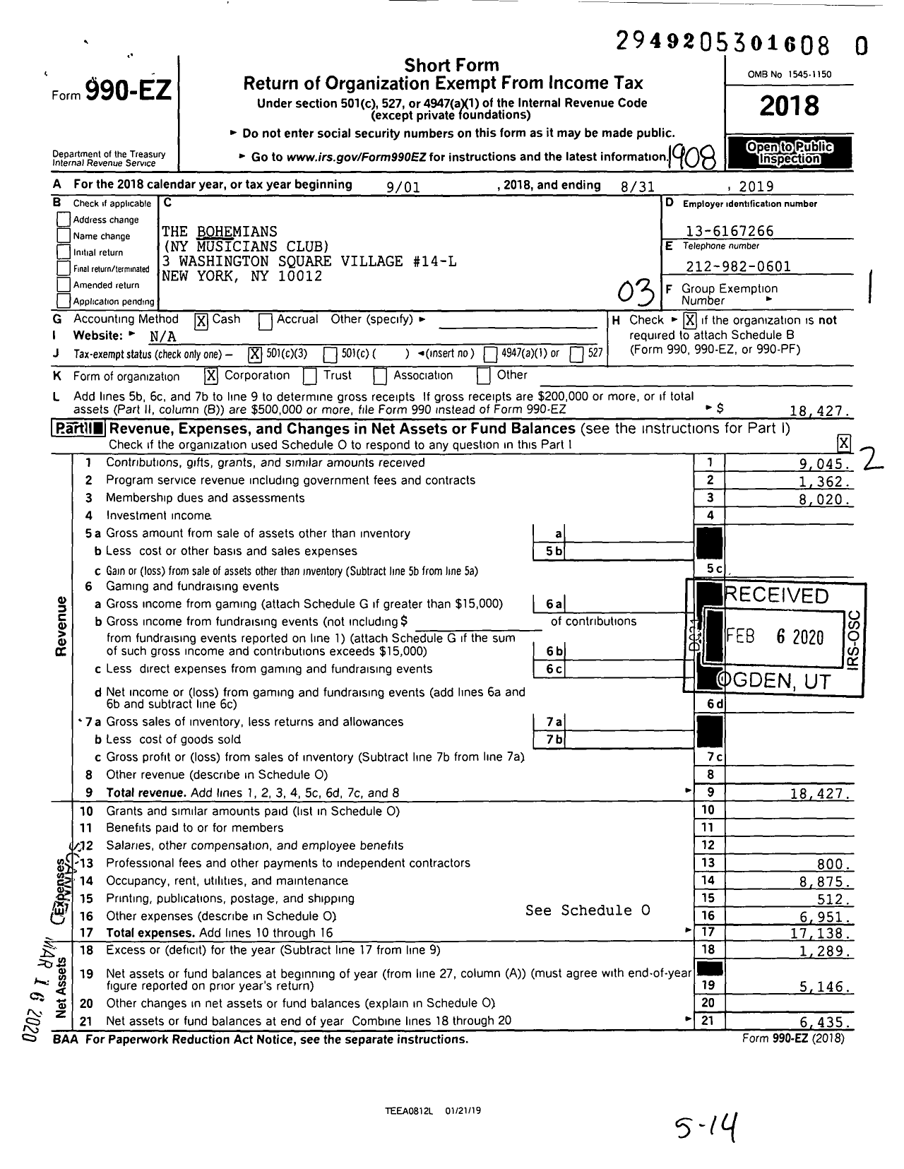 Image of first page of 2018 Form 990EZ for The Bohemians Ny Musicians Club