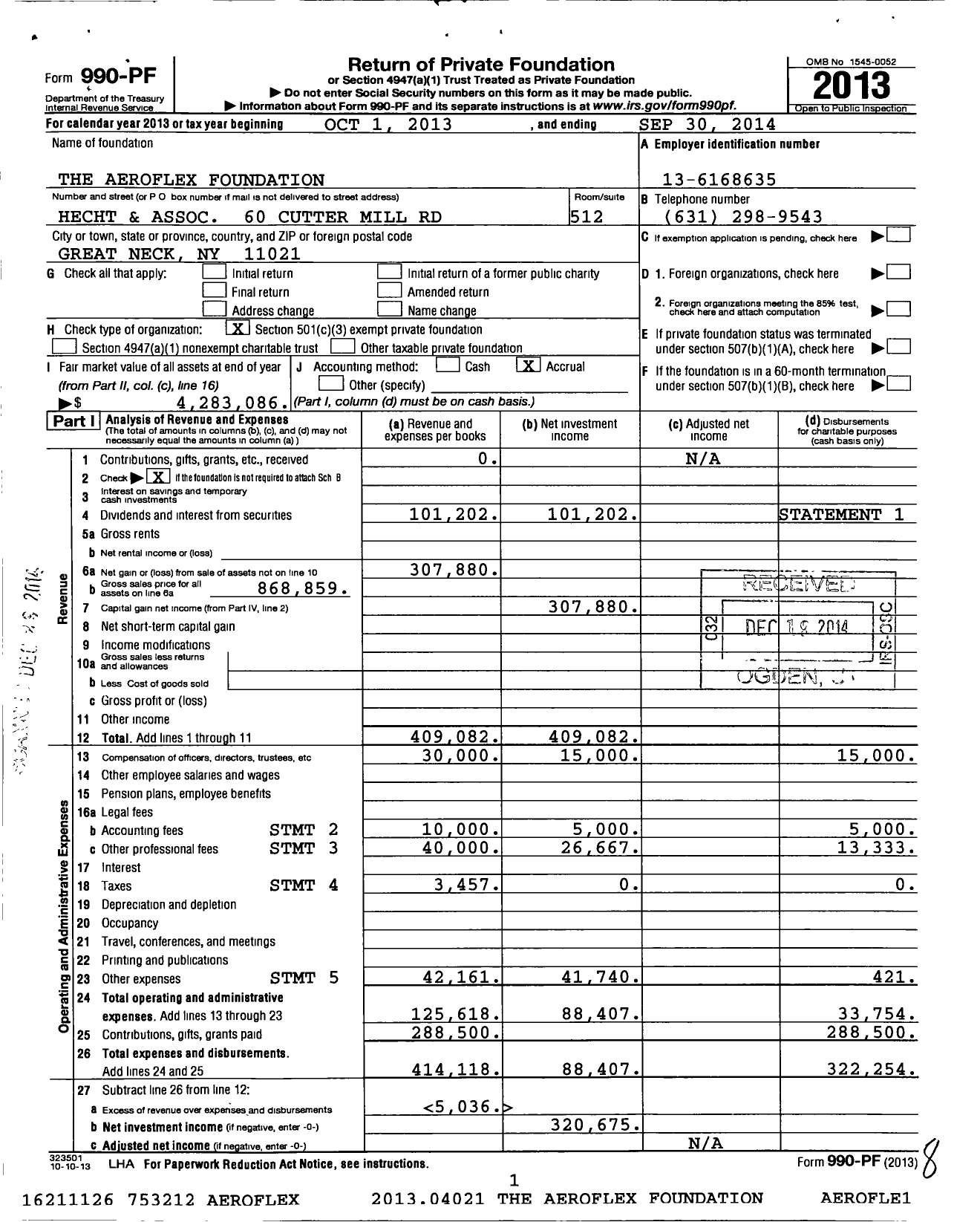 Image of first page of 2013 Form 990PF for The Aeroflex Foundation