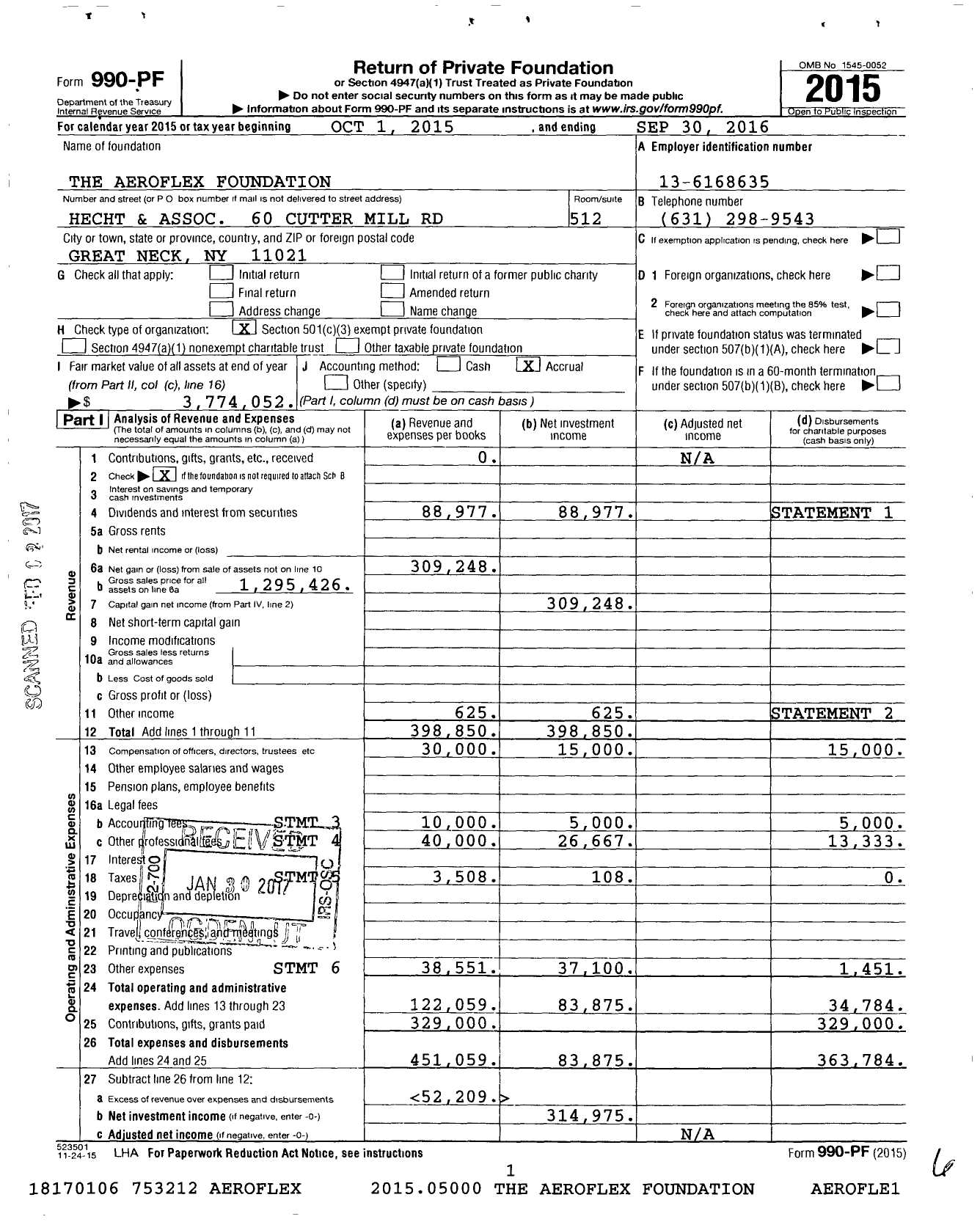 Image of first page of 2015 Form 990PF for The Aeroflex Foundation