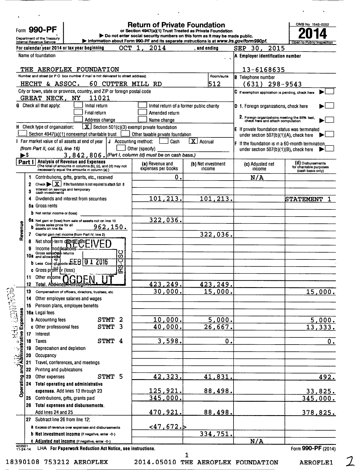 Image of first page of 2014 Form 990PF for The Aeroflex Foundation