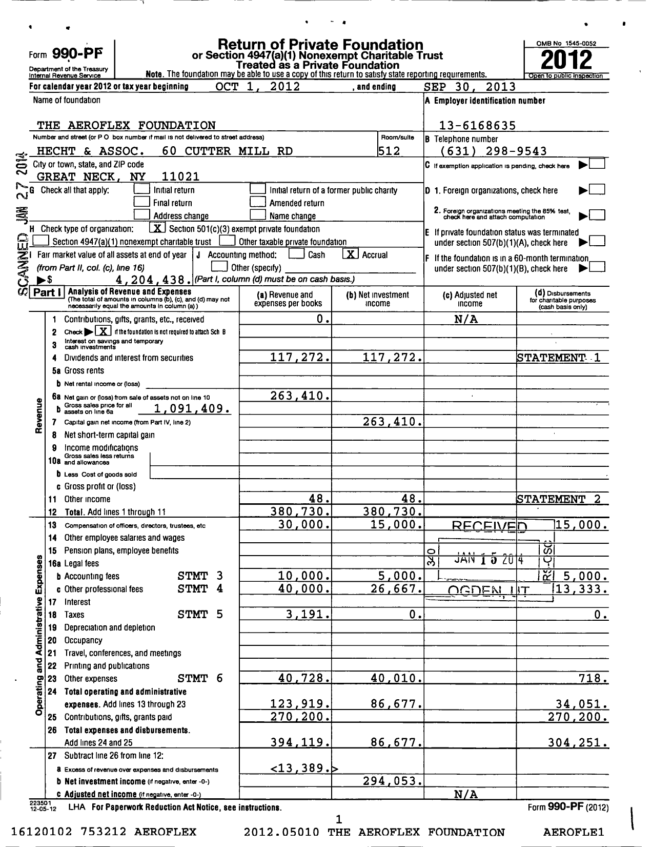Image of first page of 2012 Form 990PF for The Aeroflex Foundation