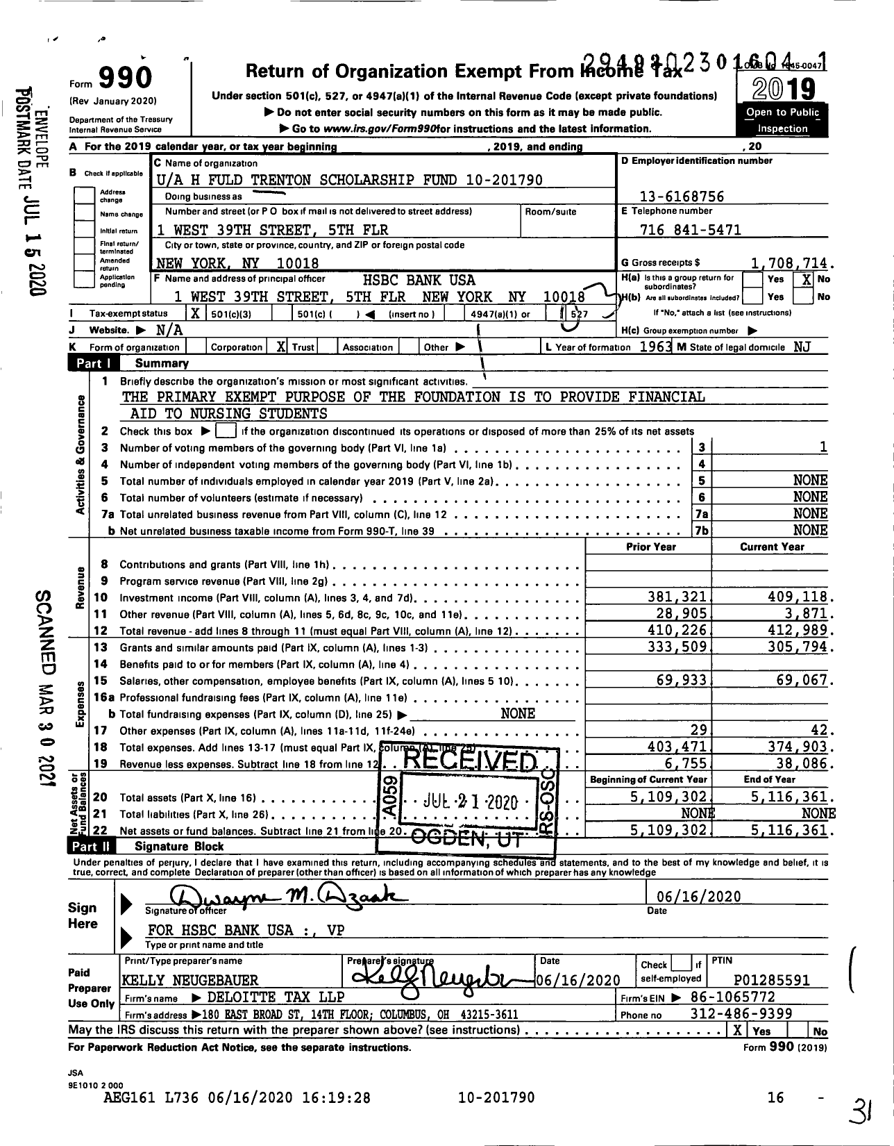 Image of first page of 2019 Form 990 for Ua H Fuld Trenton Scholarship Fund 10-201790