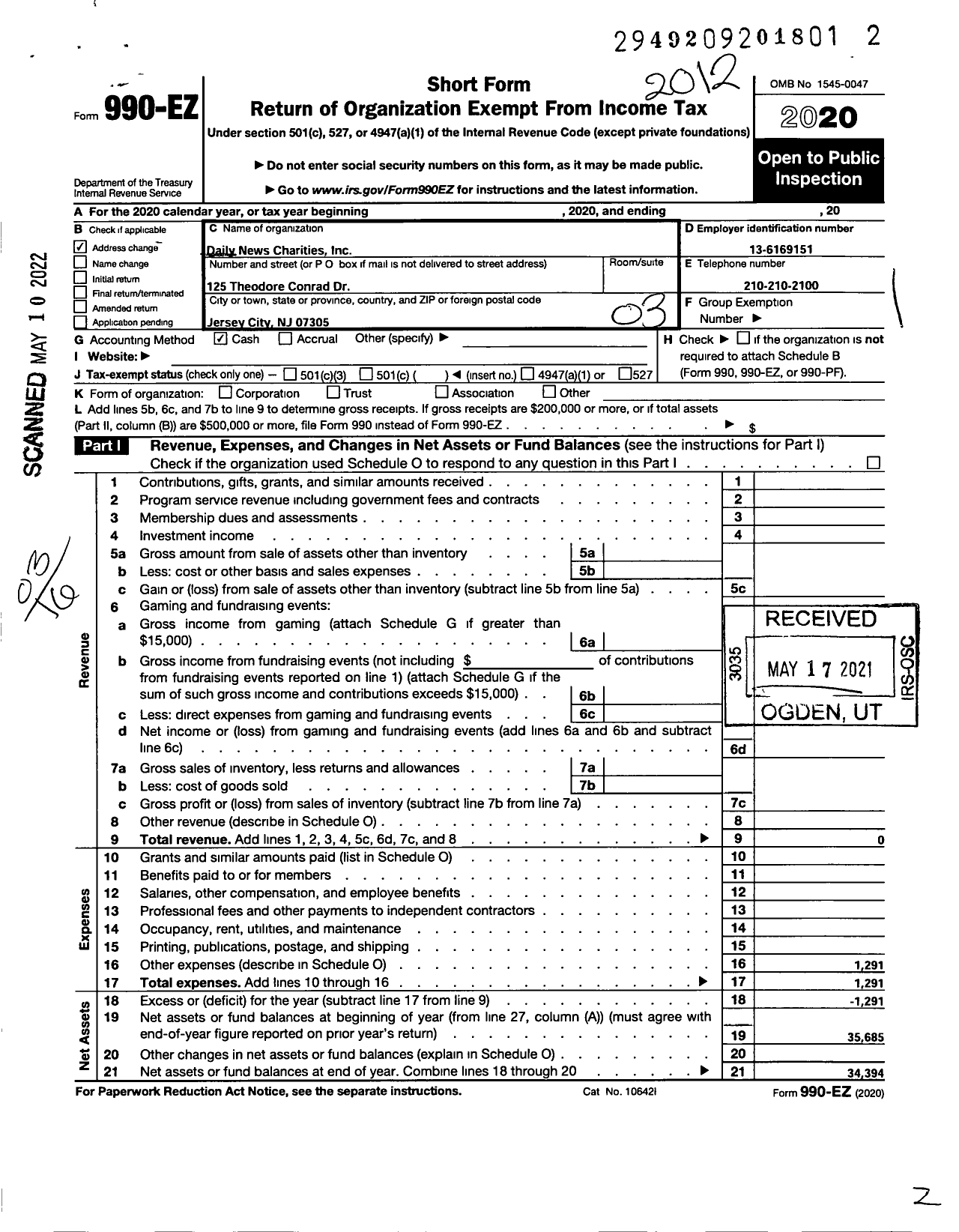 Image of first page of 2020 Form 990EZ for Daily News Charities