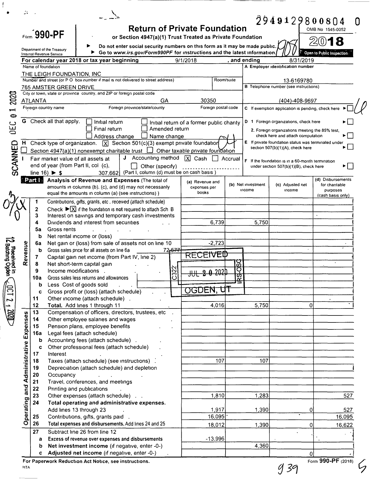 Image of first page of 2018 Form 990PF for The Leigh Foundation