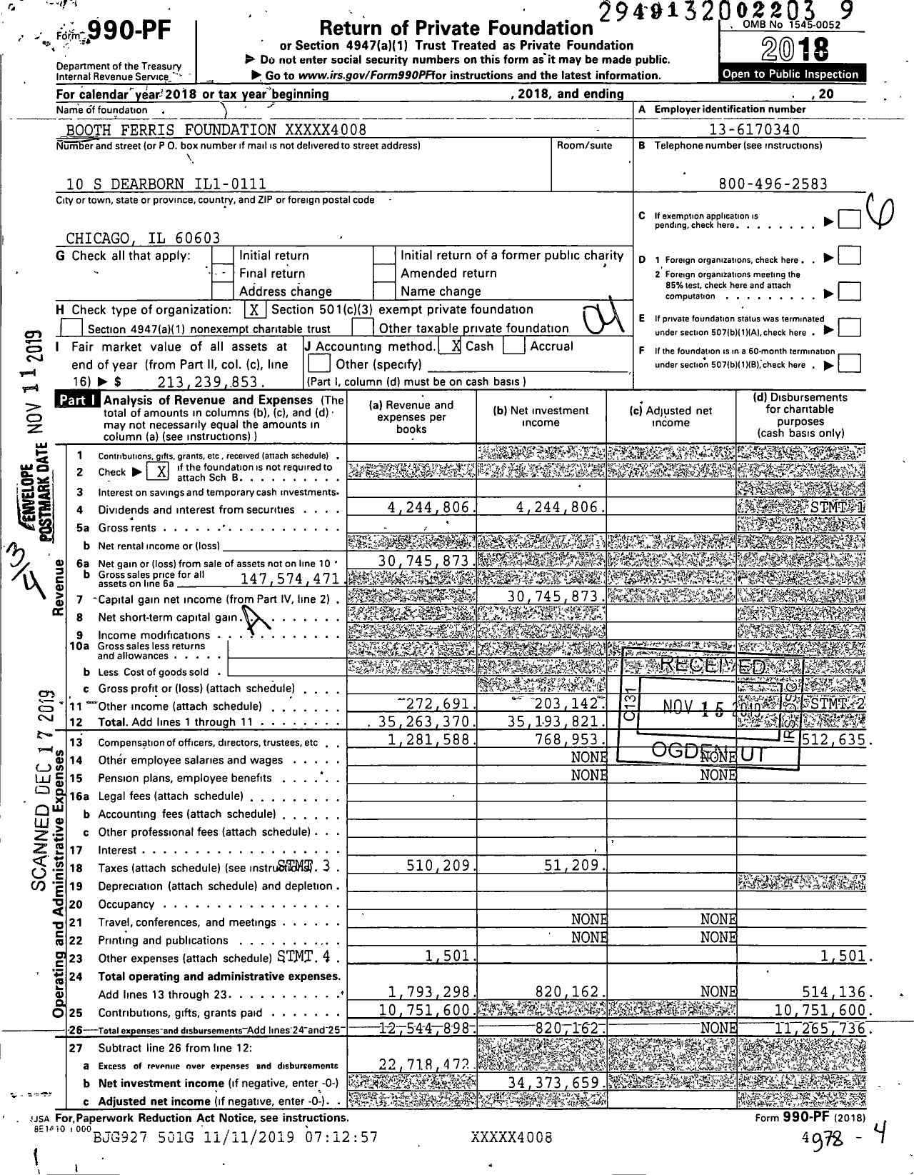 Image of first page of 2018 Form 990PF for Booth Ferris Foundation