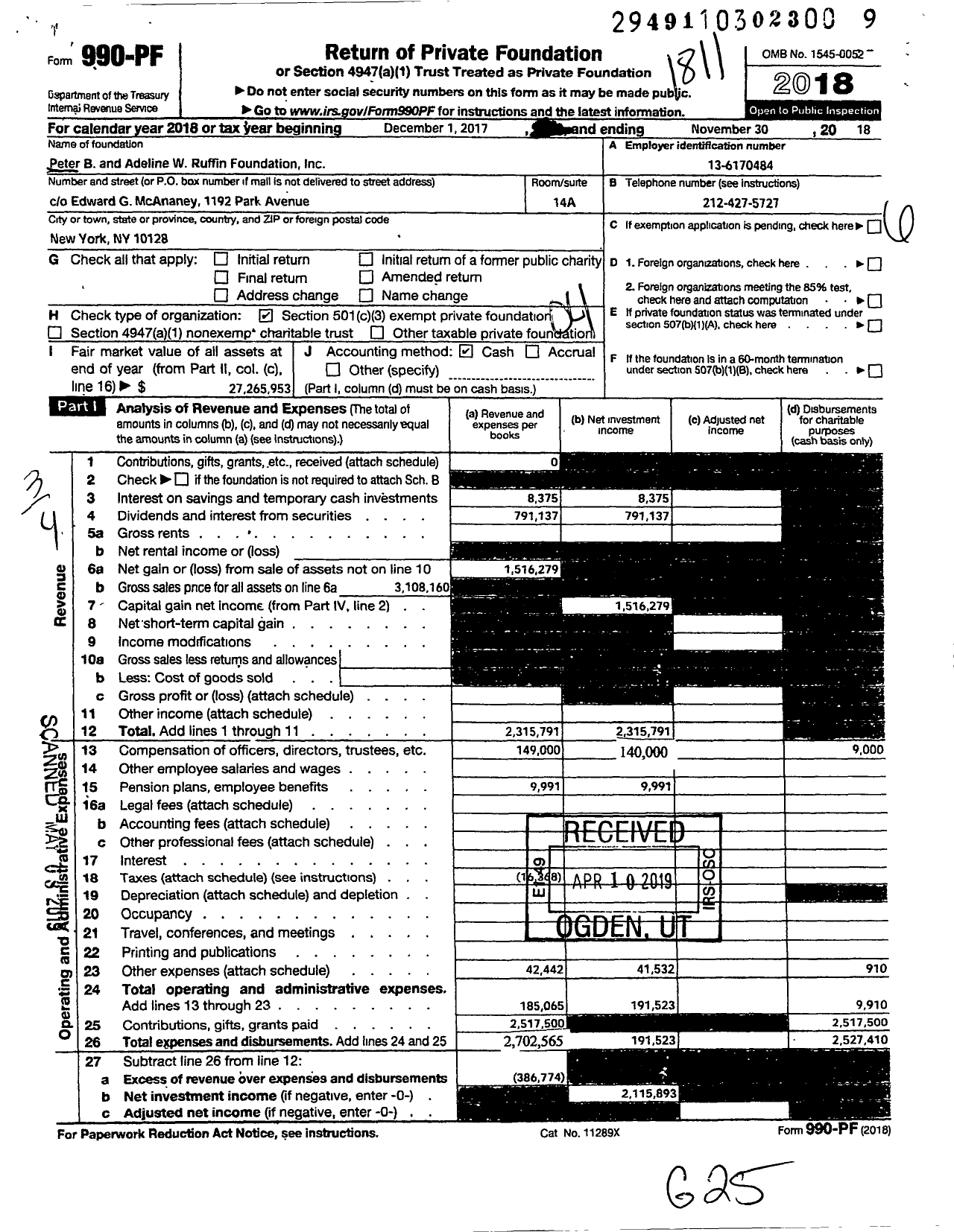 Image of first page of 2017 Form 990PF for PETER B AND ADELINE W RUFFIN Foundation