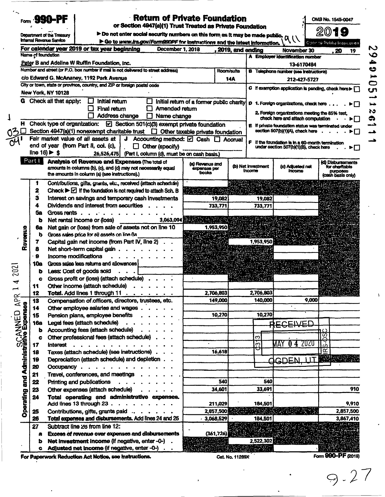 Image of first page of 2018 Form 990PF for PETER B AND ADELINE W RUFFIN Foundation